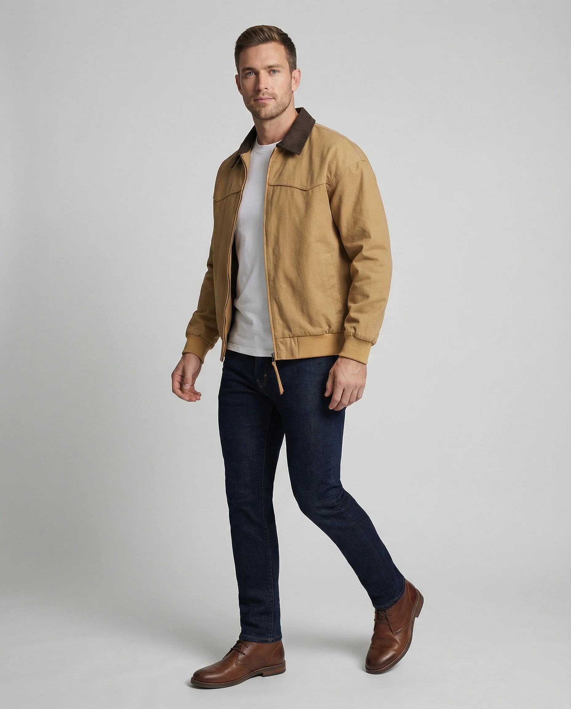 Herren lässige Workerjacke mit kontrastkragen Reißverschlussfront und Rippbündchen Heidi-Mode - Image 3