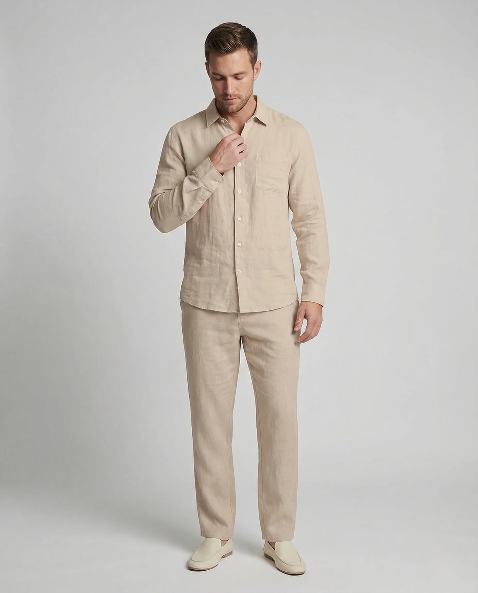 Herren Leinen Set mit Langarm Hemd & Lockerer Hose | Heidi-Mode