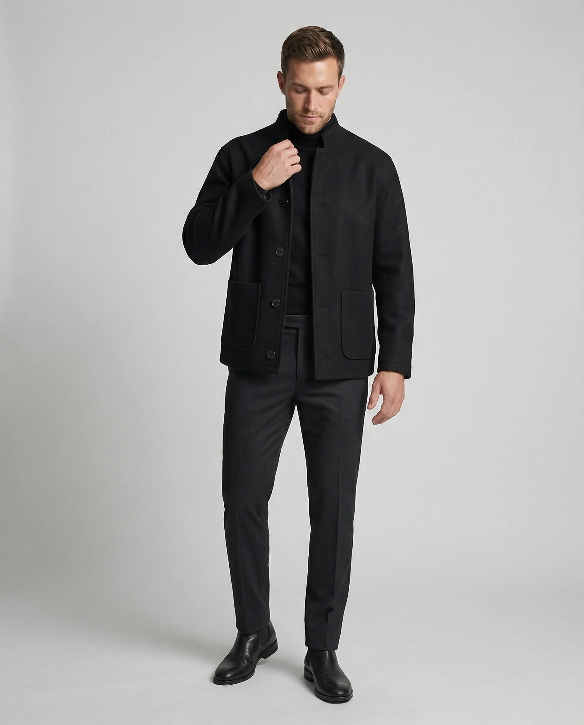Herren minimalistischer Kurzblazer aus Wollmix mit Rundhalsausschnitt und aufgesetzten Taschen Heidi-Mode - Image 3