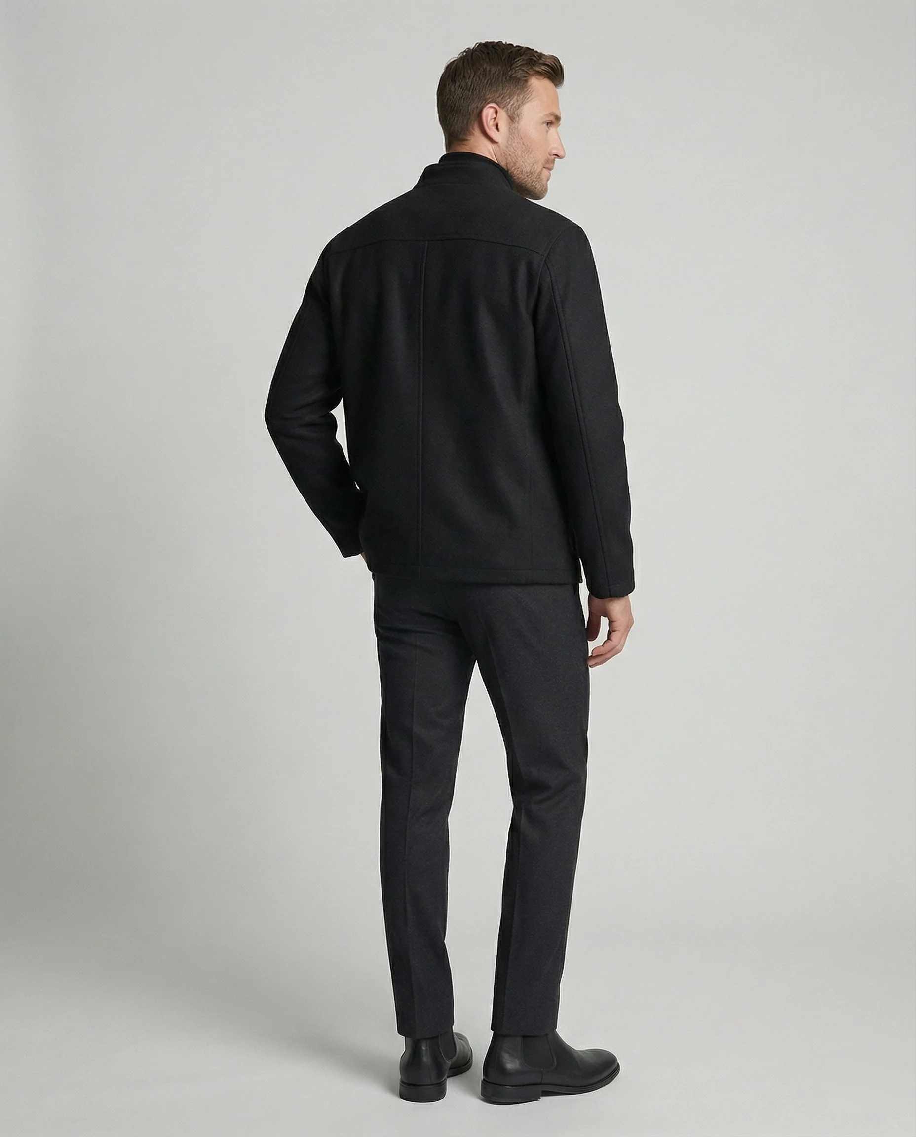 Herren minimalistischer Kurzblazer aus Wollmix mit Rundhalsausschnitt und aufgesetzten Taschen Heidi-Mode - Image 4