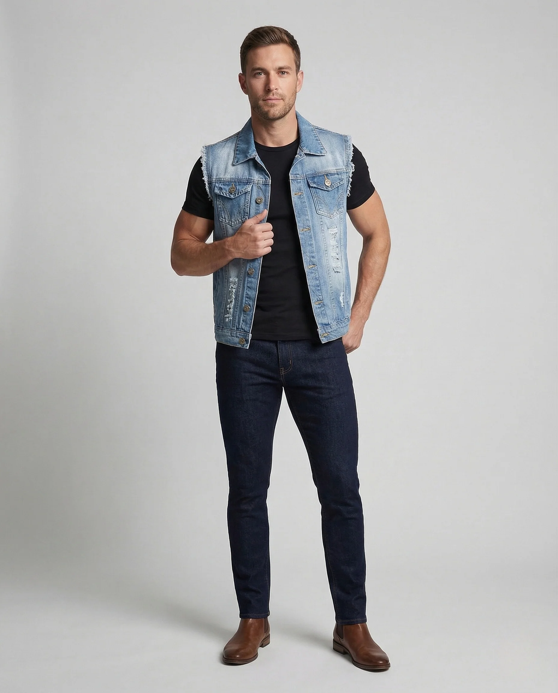 Herren Jeansweste ärmellos mit Used Look Denim Vest