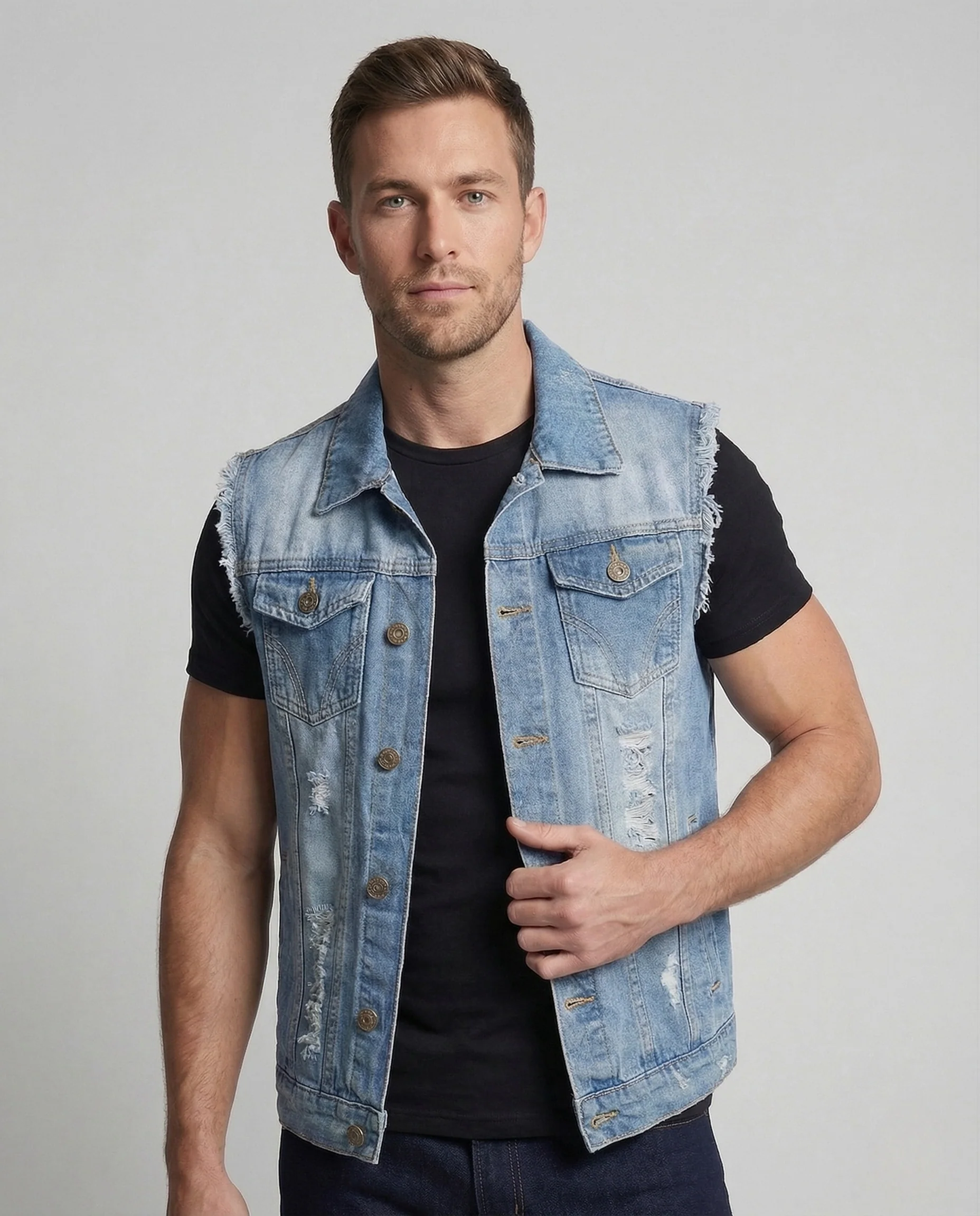 Herren Jeansweste ärmellos mit Used Look Denim Vest - Image 2