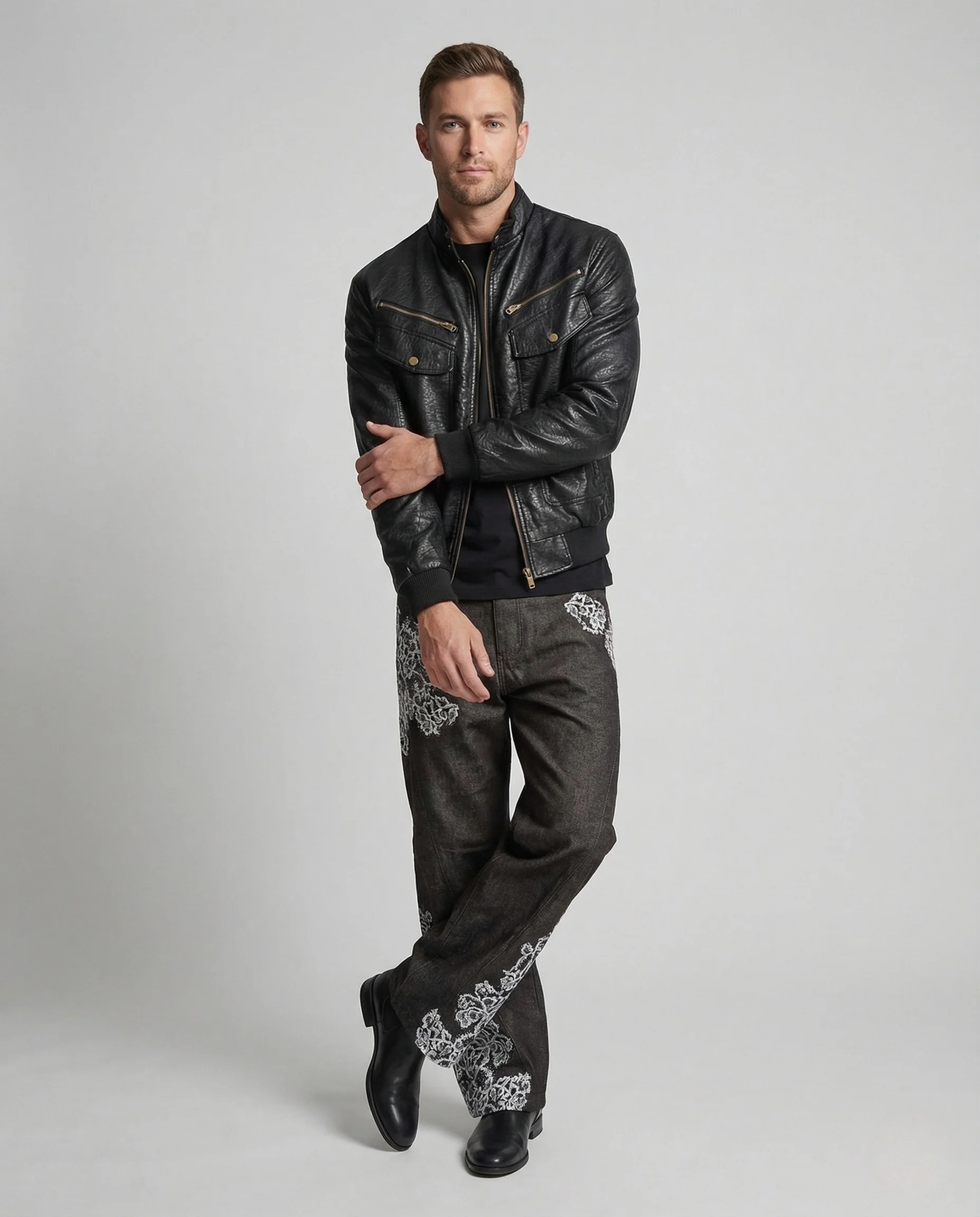 Herren Lederoptik Biker Blouson Stehkragen