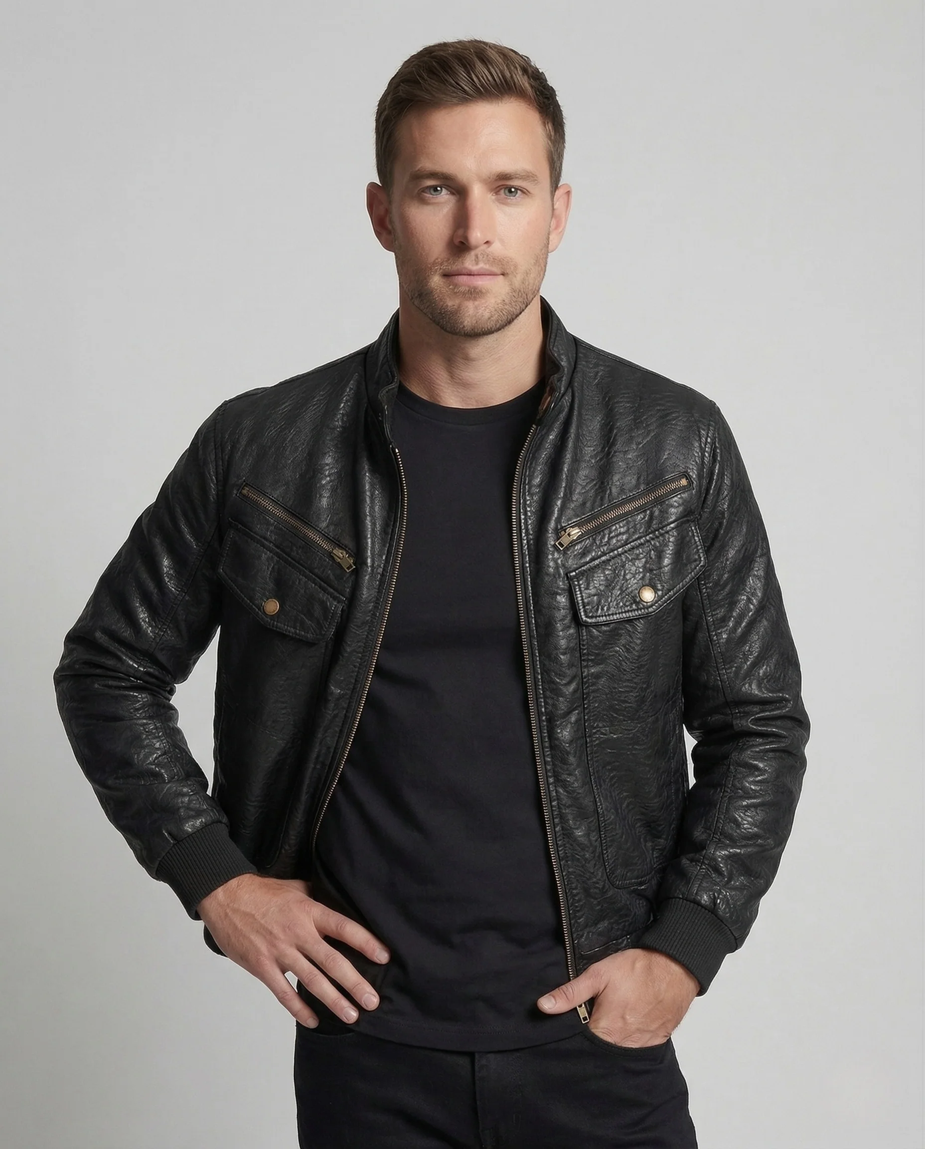 Herren Lederoptik Biker Blouson Stehkragen - Image 2