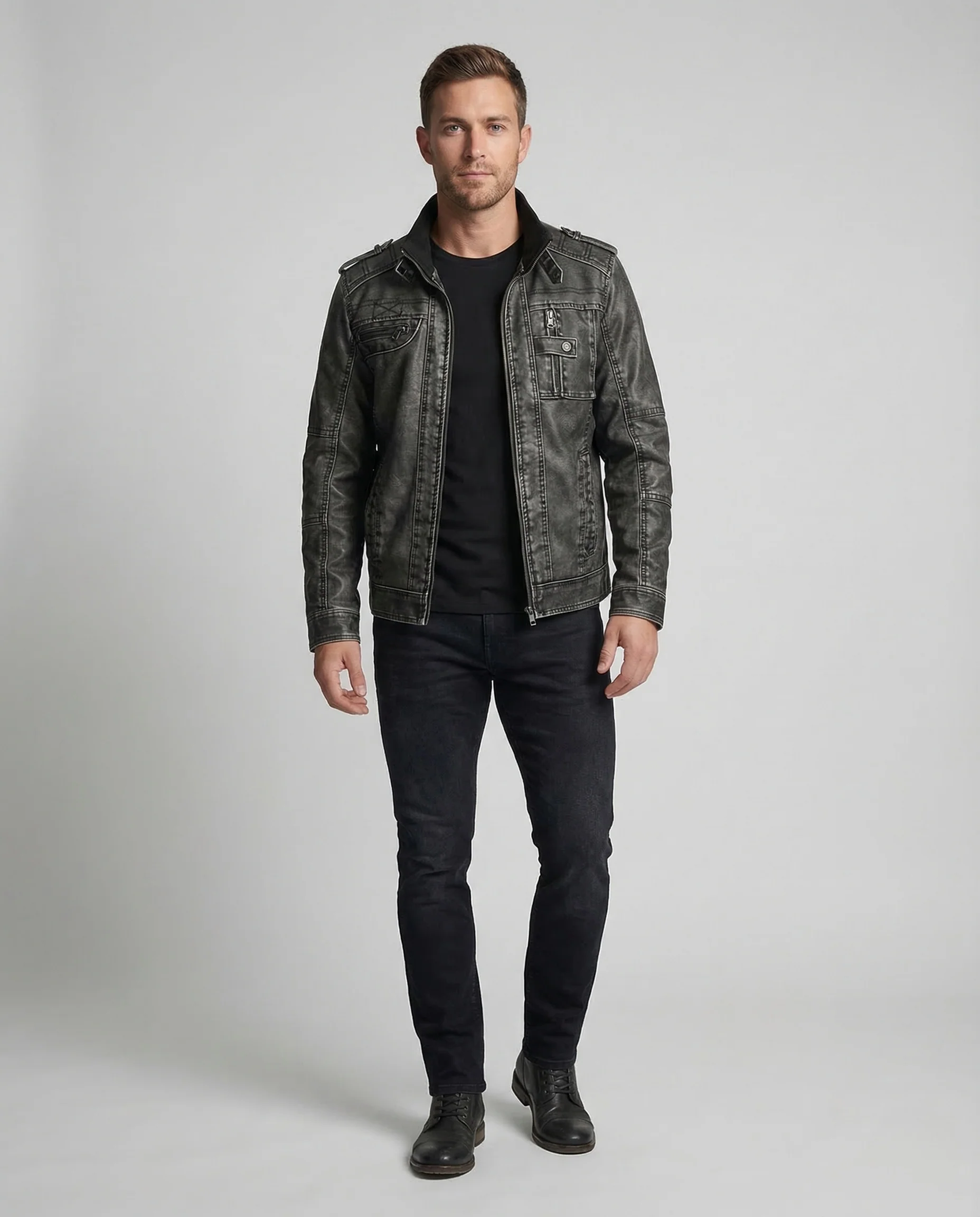 Herren Kunstleder Bikerjacke Stehkragen