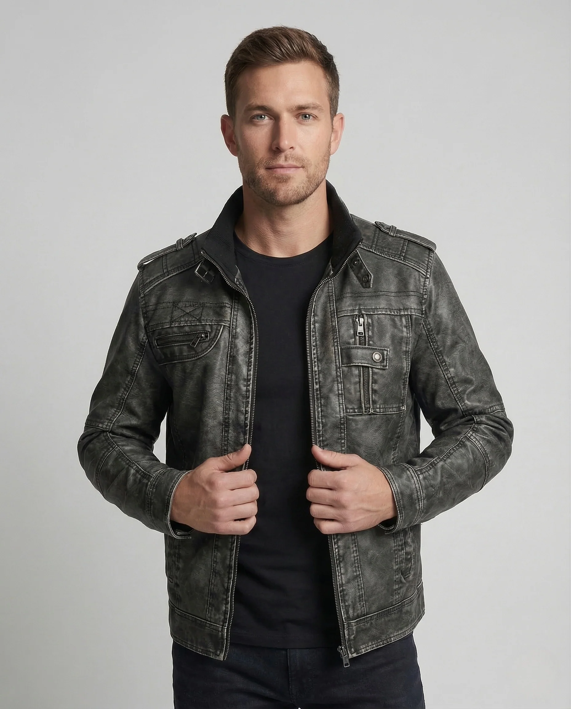 Herren Kunstleder Bikerjacke Stehkragen - Image 2