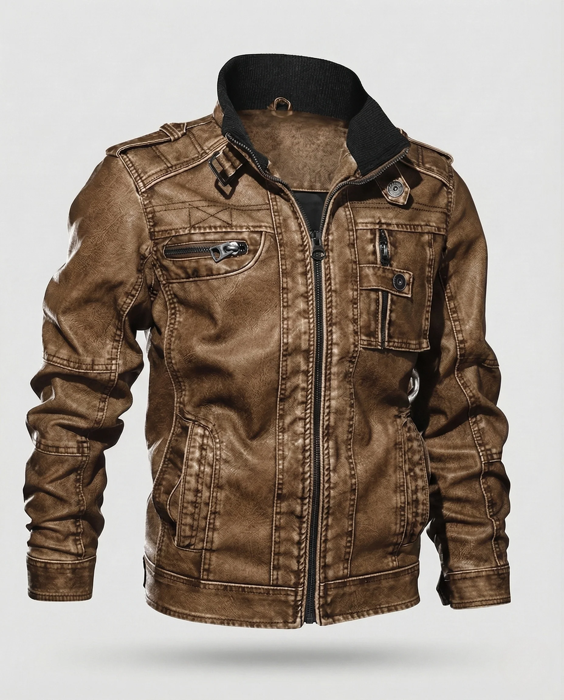 Herren Kunstleder Bikerjacke Stehkragen - Image 6