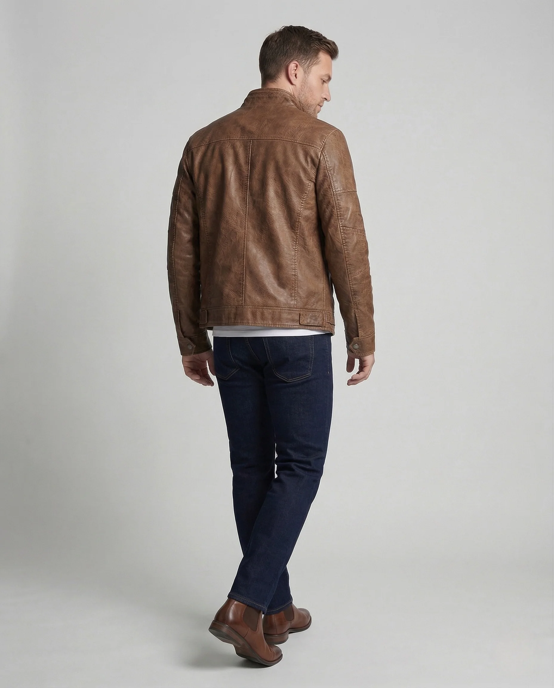Herren Bikerjacke Kunstleder Stehkragen Reißverschluss - Image 4