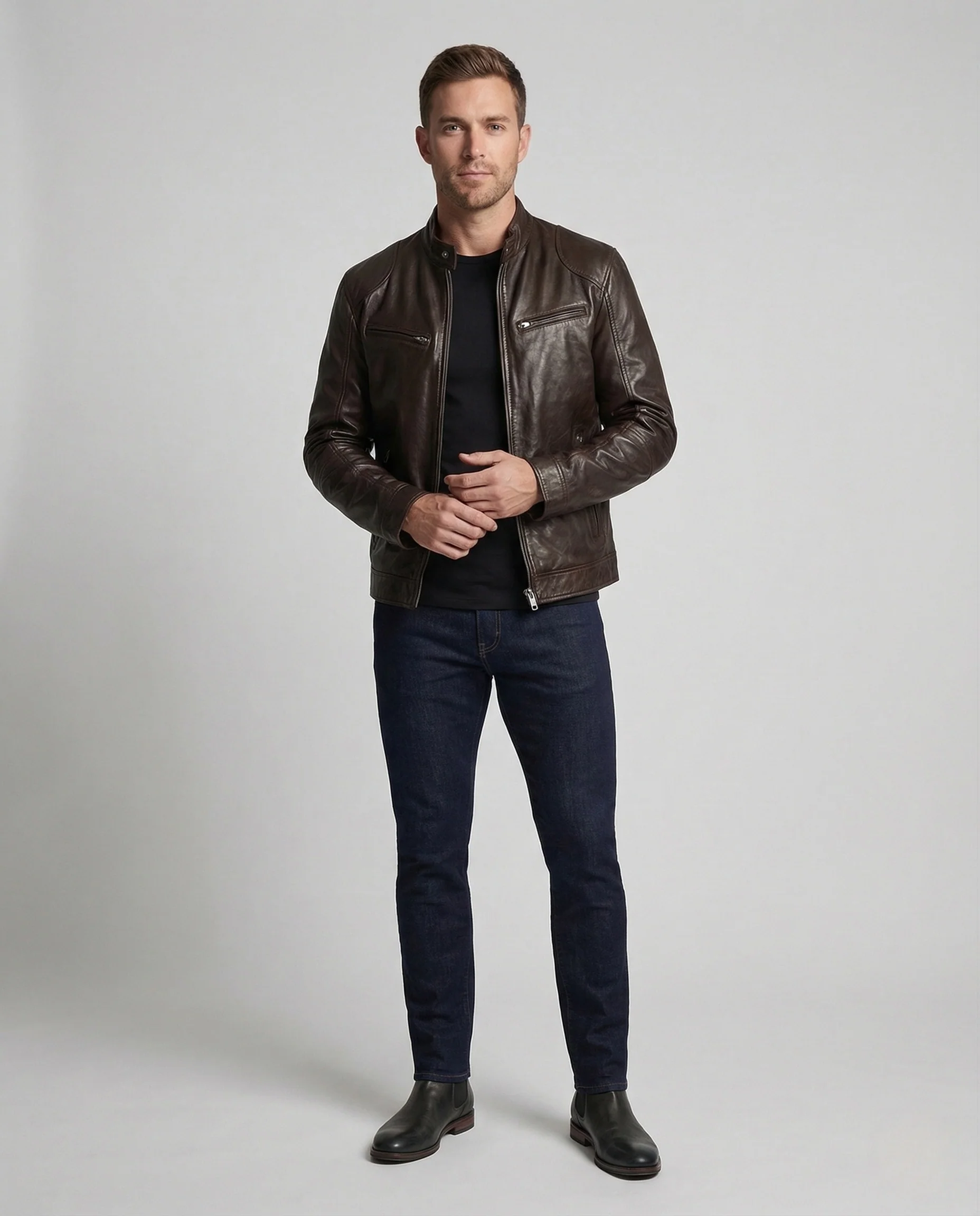 Herren Leder Bikerjacke Kalbsleder