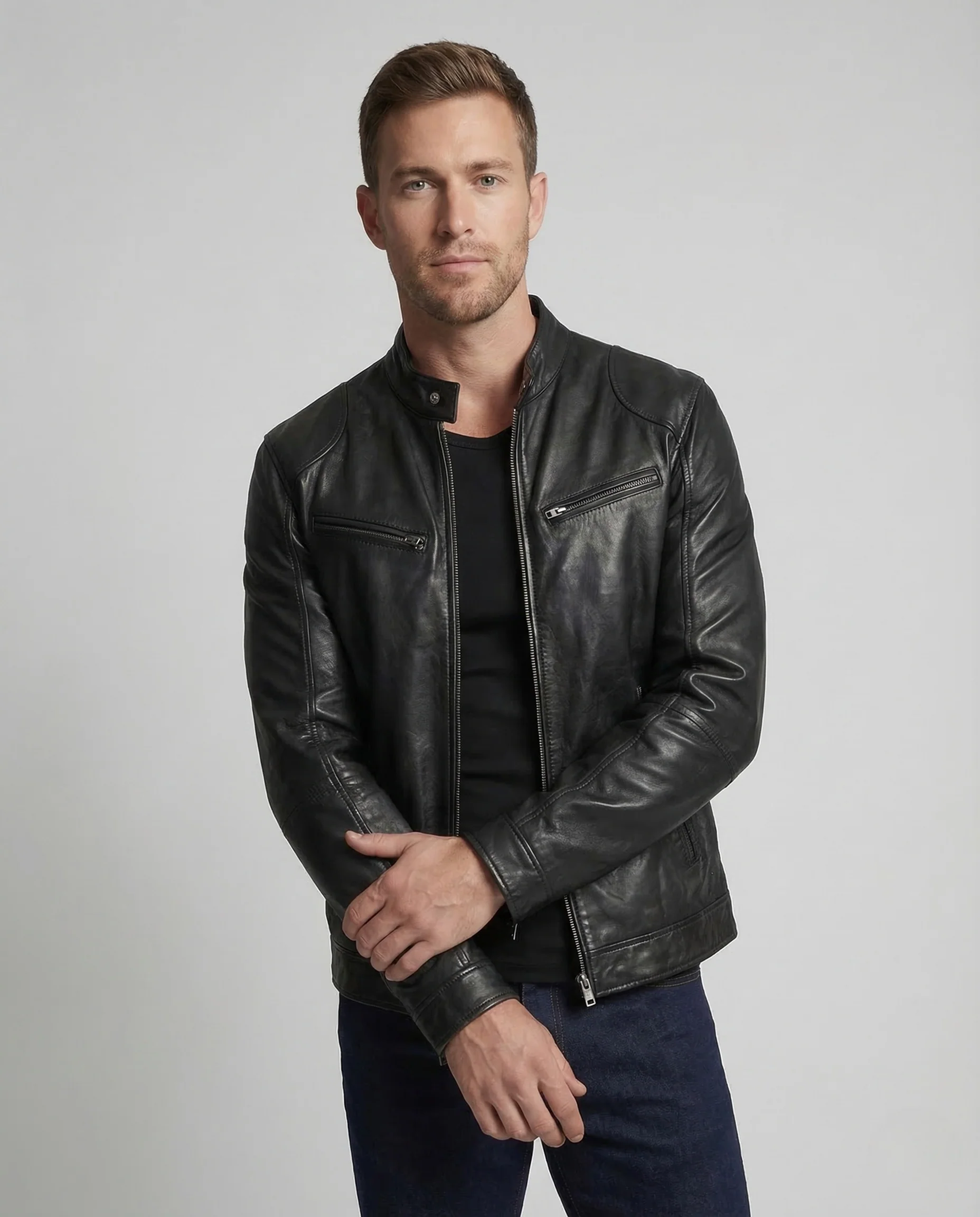 Herren Leder Bikerjacke Slim Stehkragen - Image 2