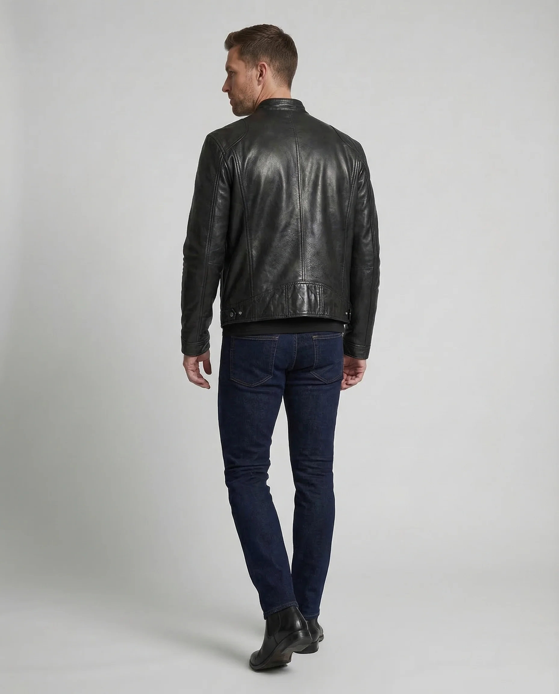Herren Leder Bikerjacke Slim Stehkragen - Image 4