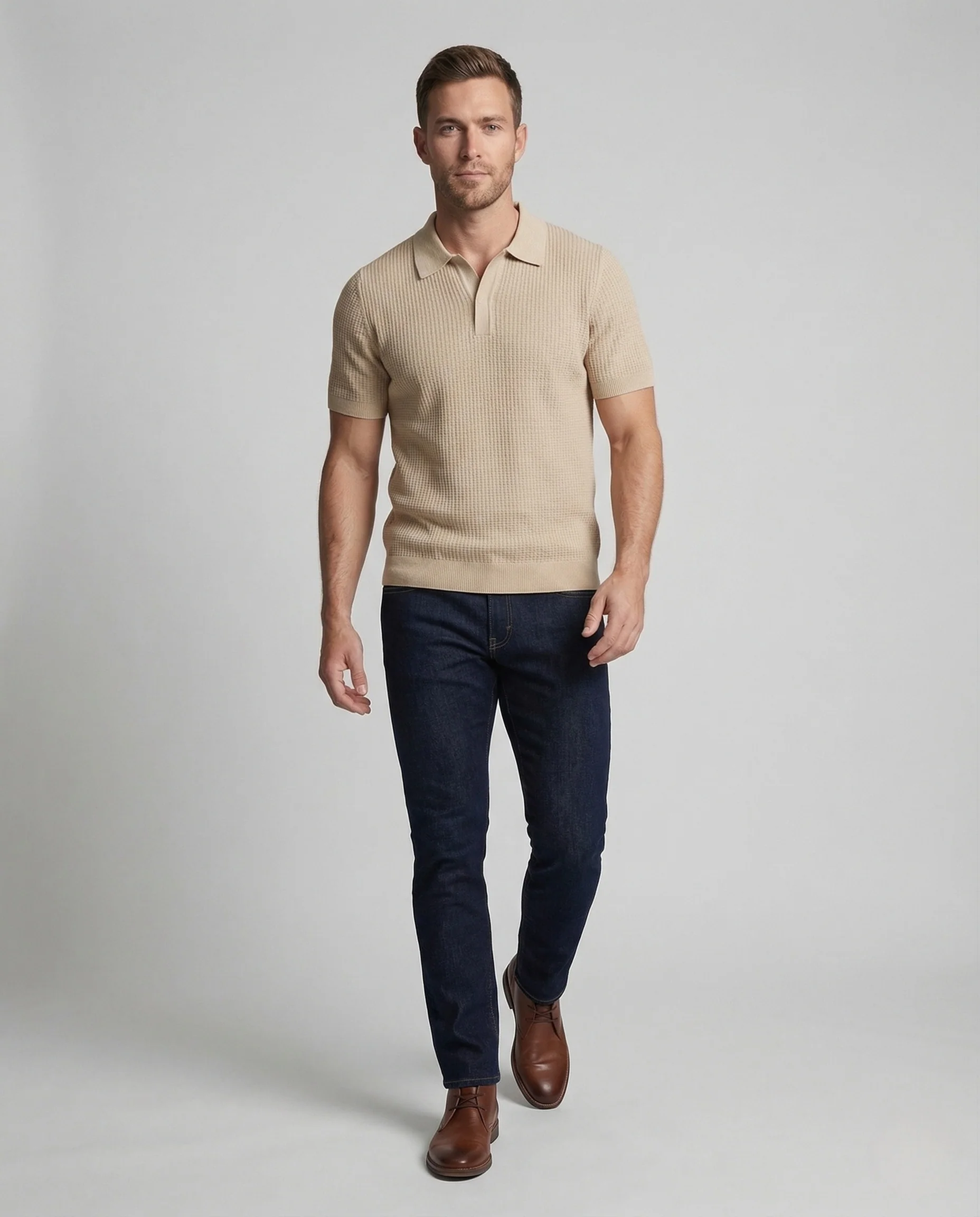 Herren Strick Poloshirt Kurzarm Baumwollmix