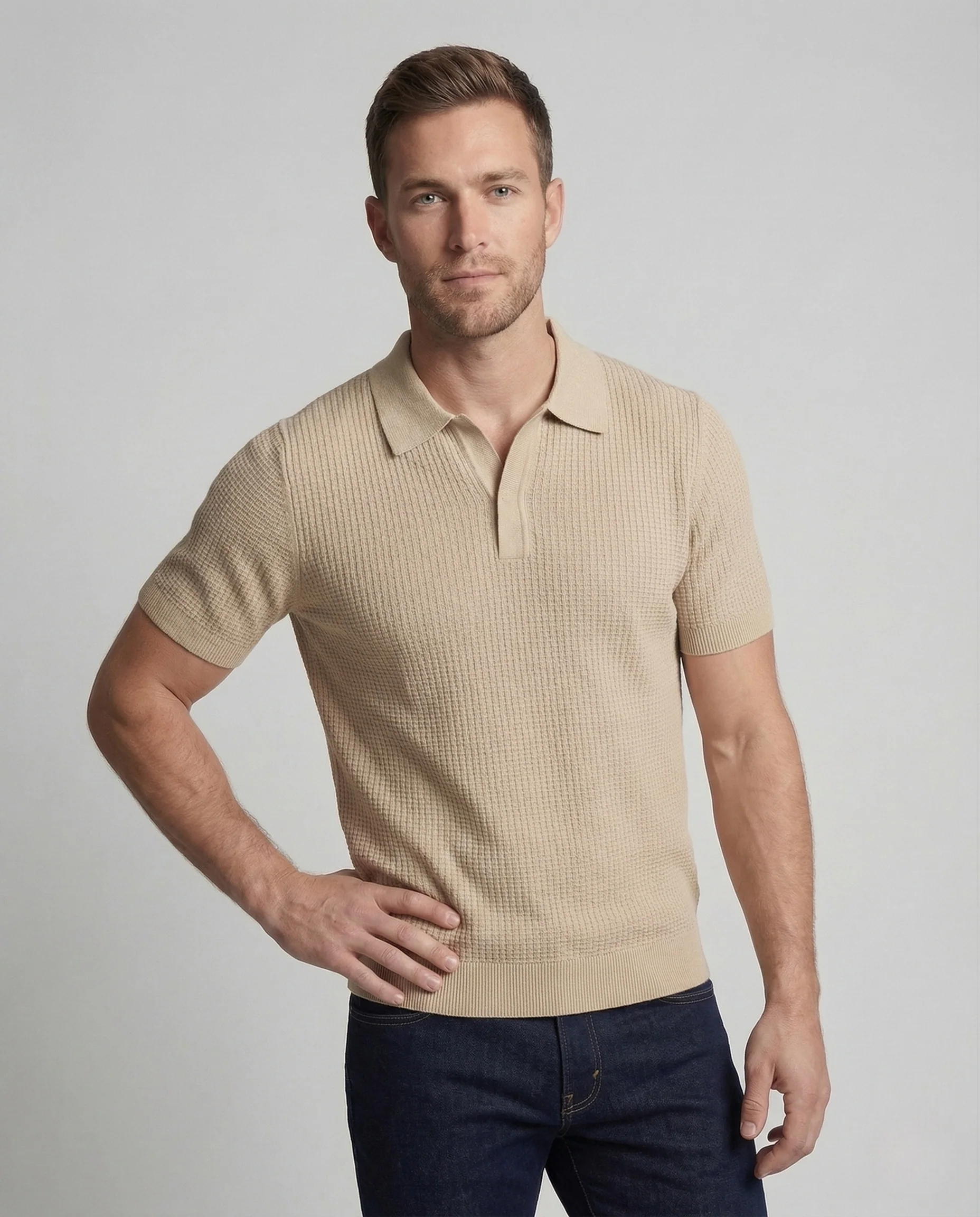 Herren Strick Poloshirt Kurzarm Baumwollmix - Image 2