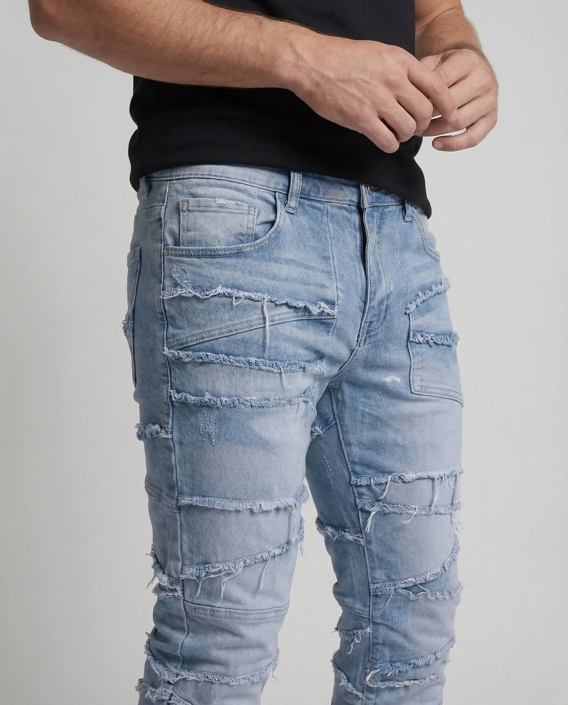 Herren Patchwork Jeans Slim Fit mit Fransen - Image 3