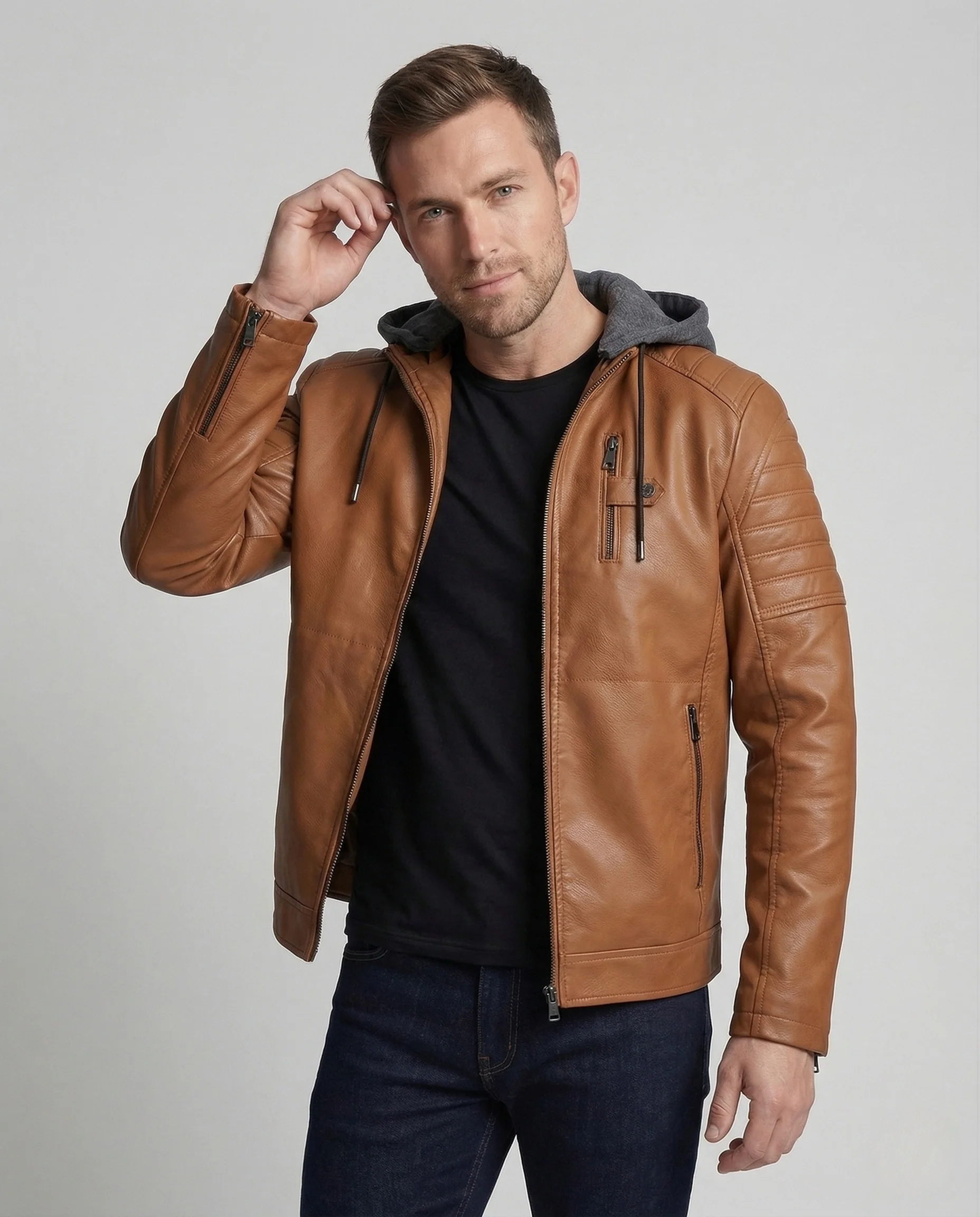 Herren Kunstlederjacke gefüttert mit Kapuze - Image 2