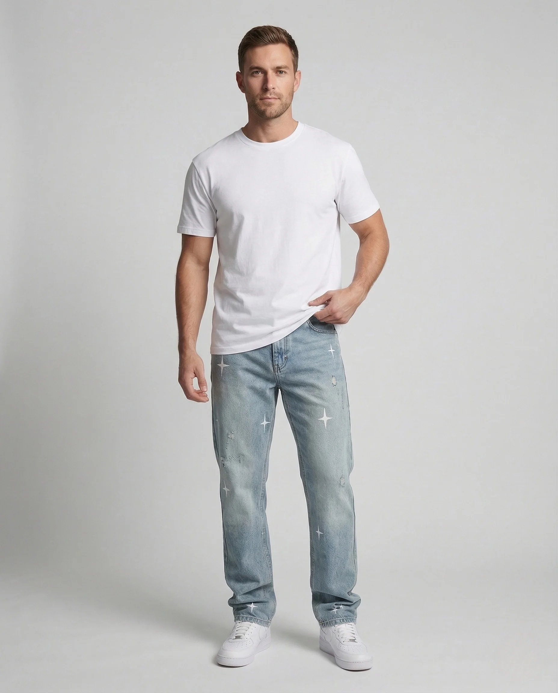 Herren Gerade Geschnittene Jeans mit Sternmotiv und Washed Look
