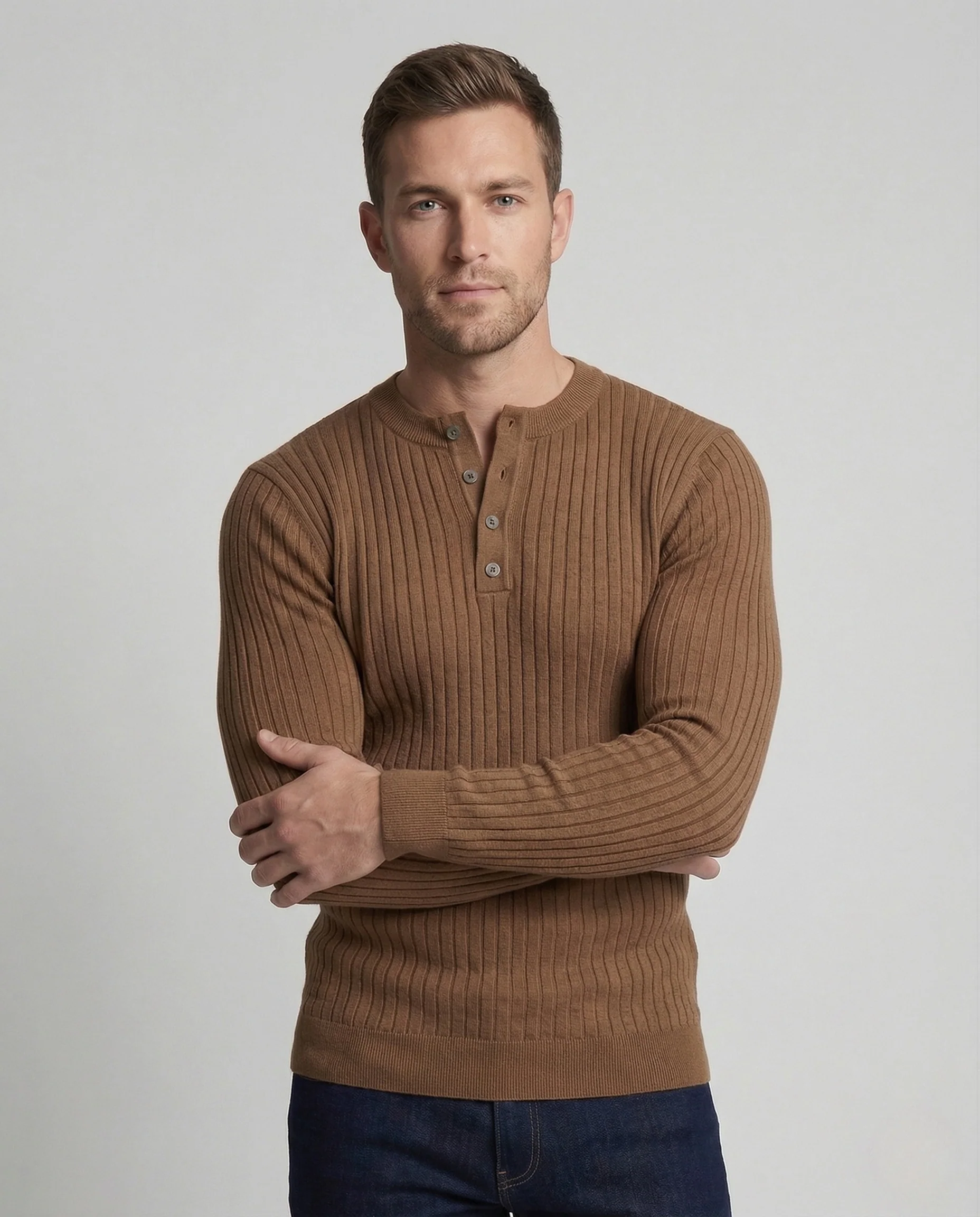 Herren Henley Strickpullover Knopfleiste - Image 2