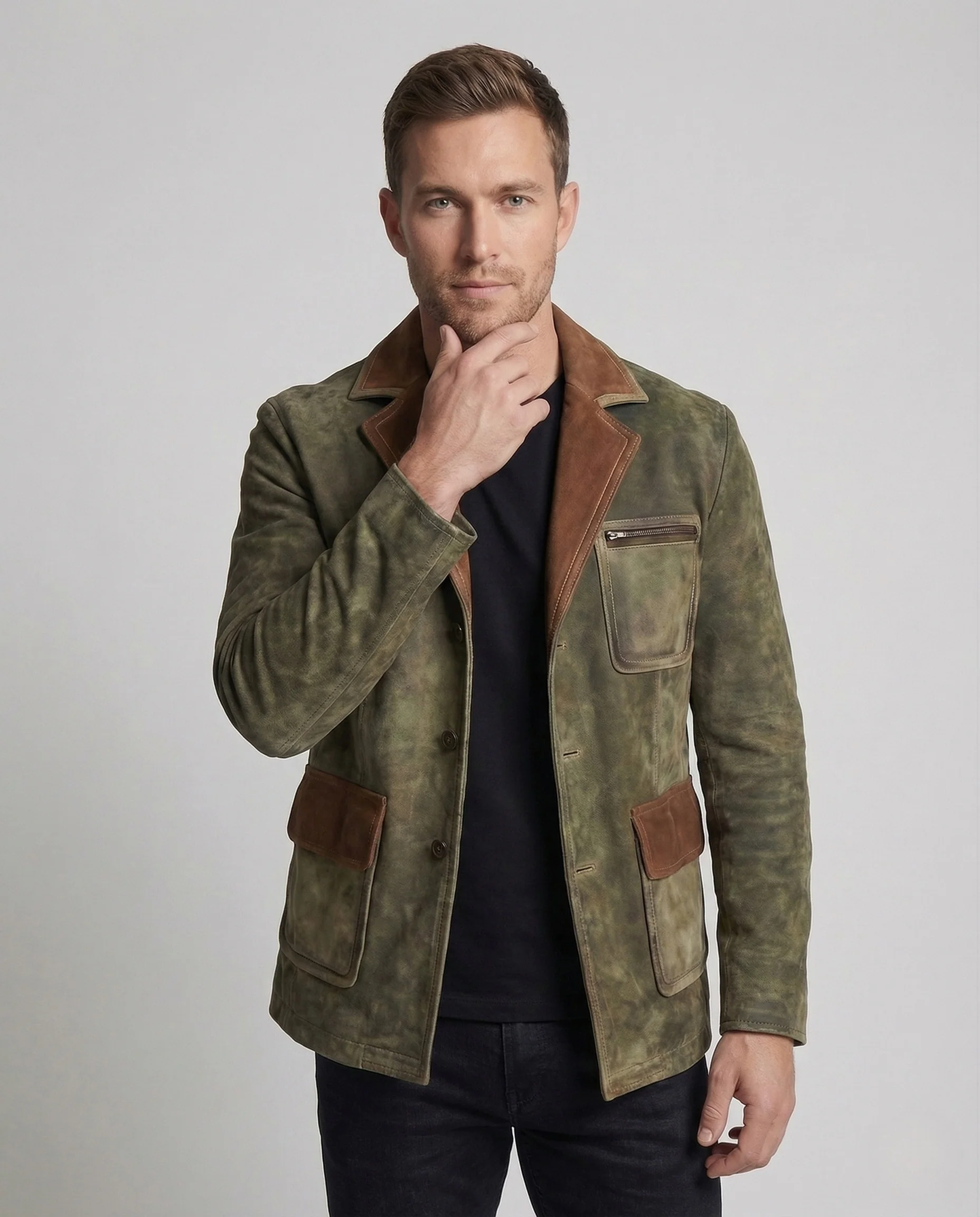 Herren Ledersakko Vintage Look Kontrastbesatz