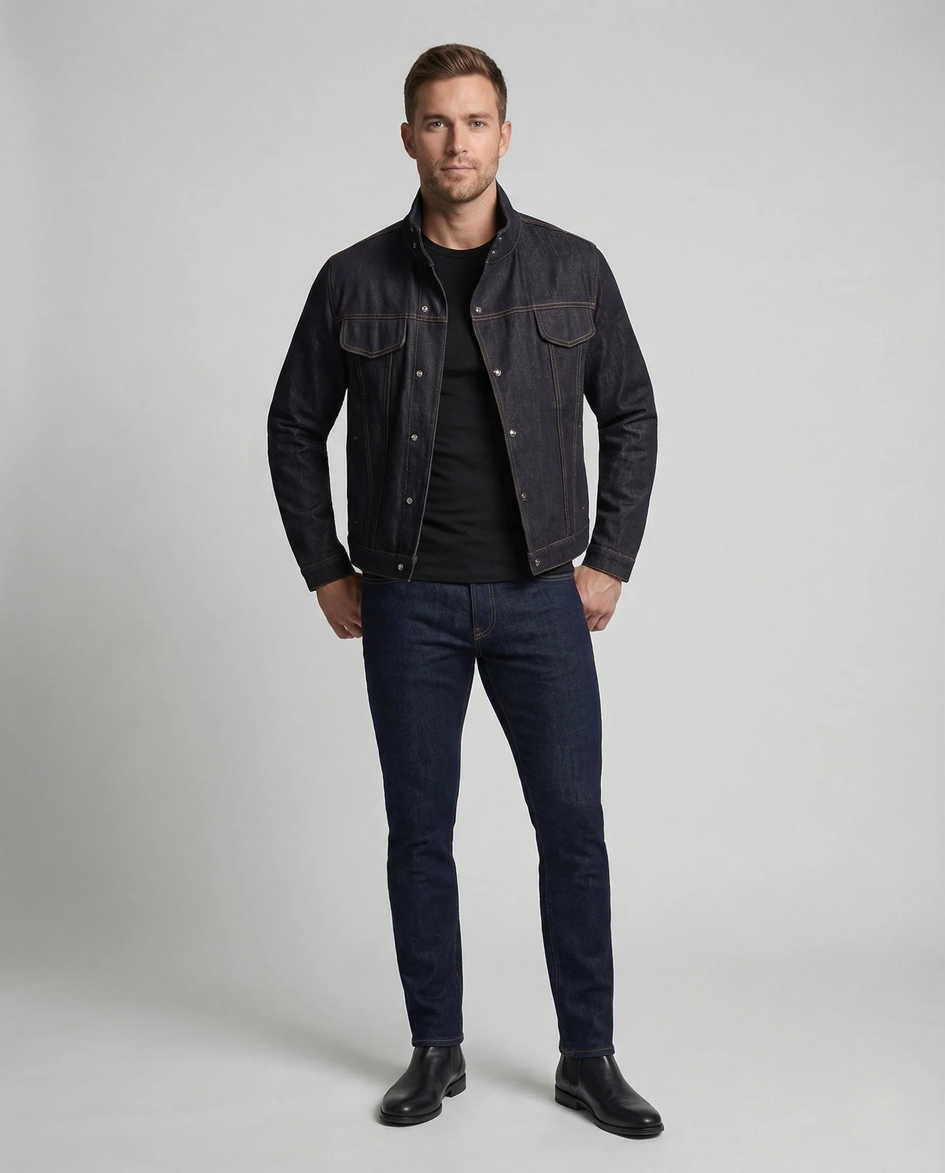 Herren Denimjacke Boxy Fit mit Stehkragen und Druckknöpfen