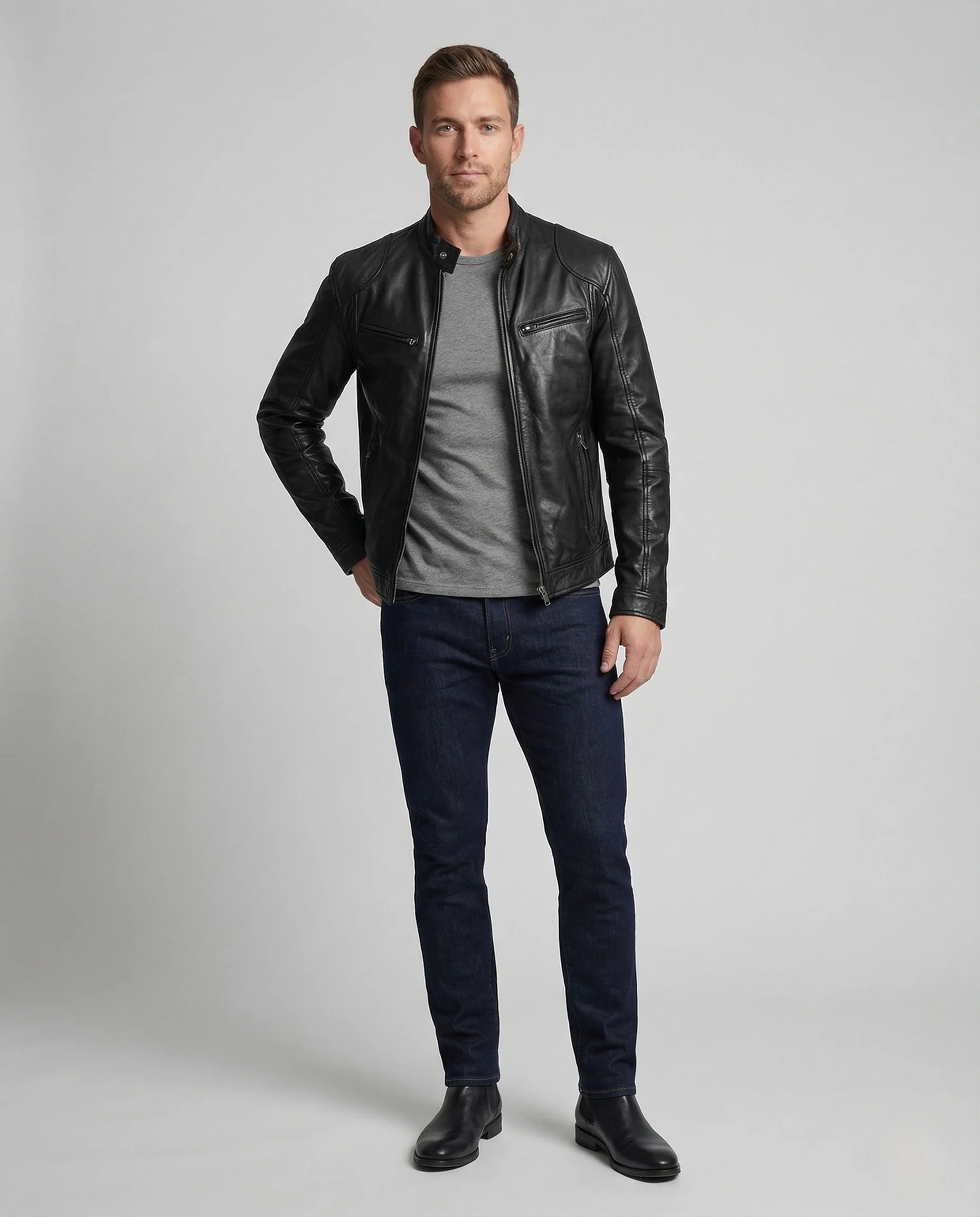 Herren Lederjacke Biker Stil mit Stehkragen und Reißverschlusstaschen