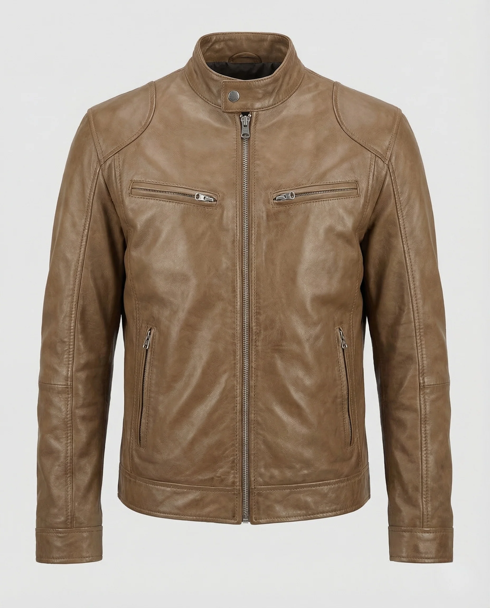 Herren Lederjacke Biker Stil mit Stehkragen und Reißverschlusstaschen - Image 5