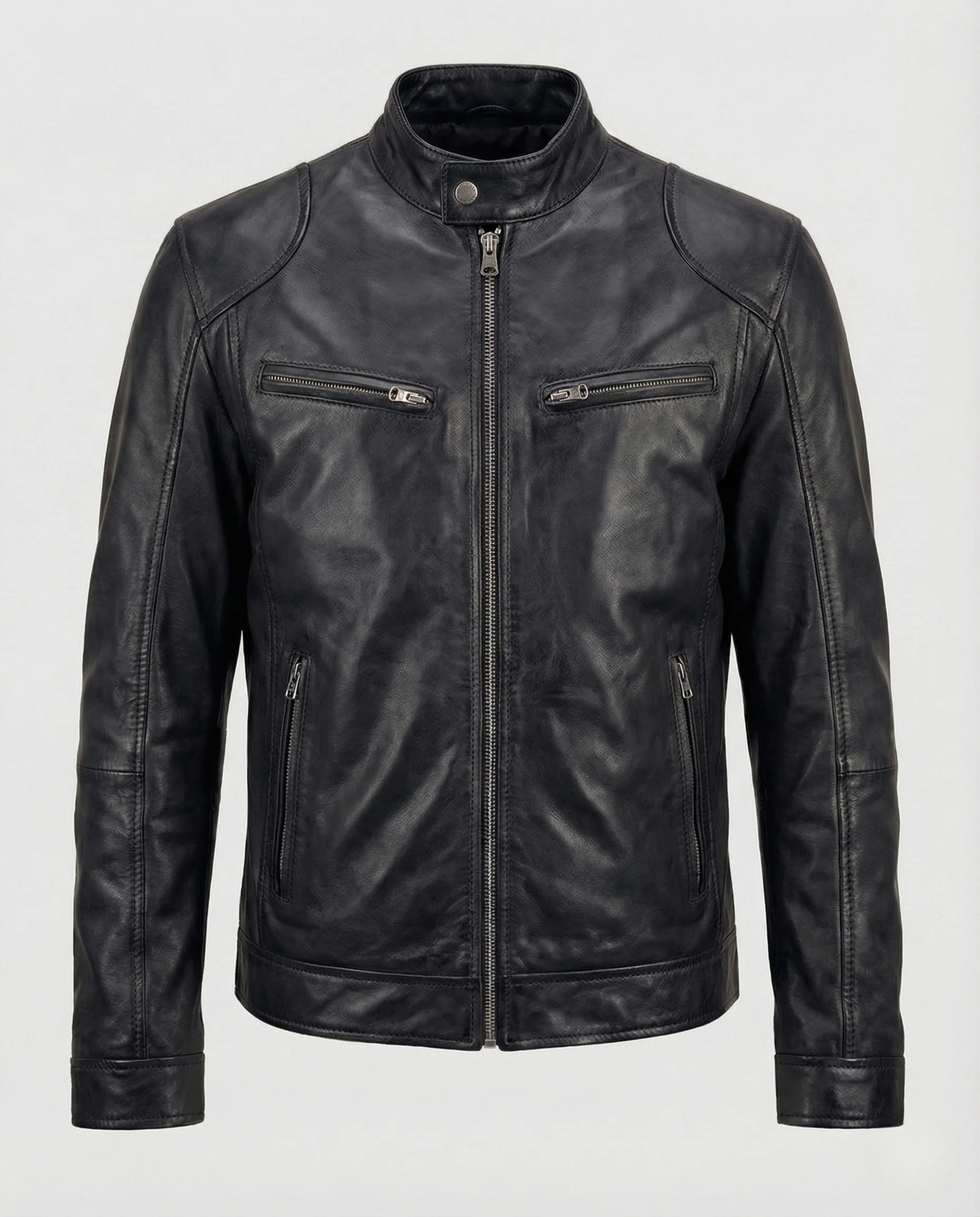 Herren Lederjacke Biker Stil mit Stehkragen und Reißverschlusstaschen - Image 6