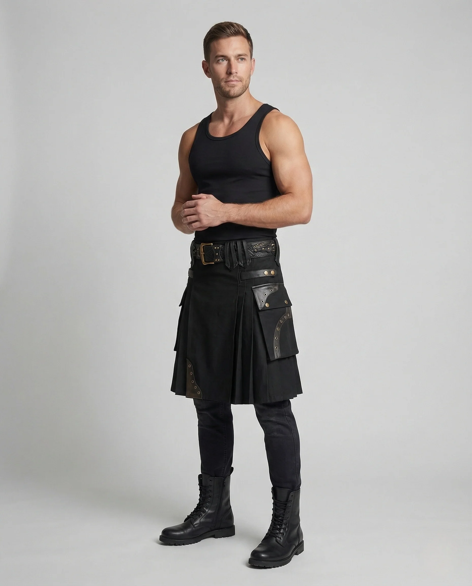 Herren Biker Kiltrock mit Klapptaschen & Lederapplikationen