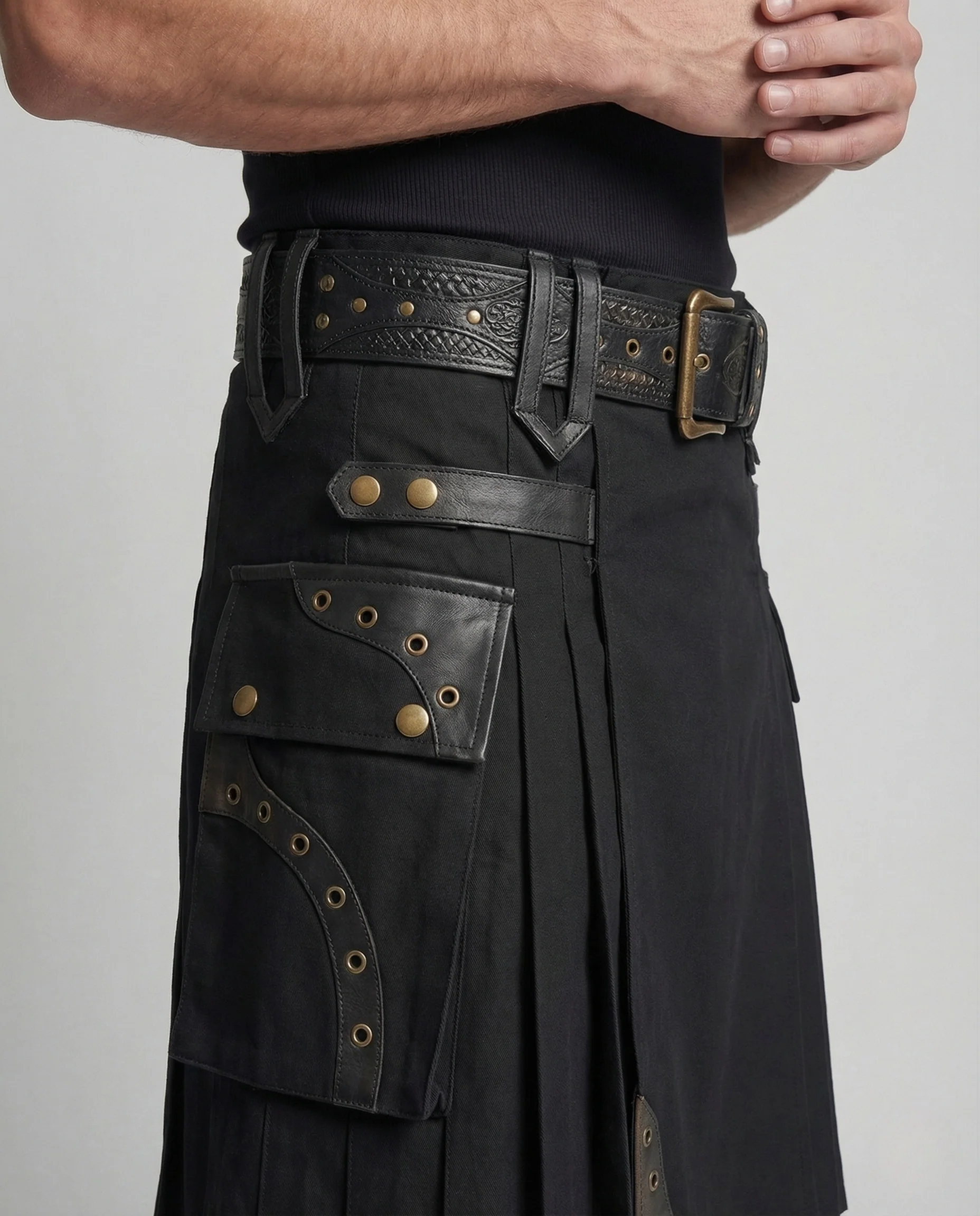 Herren Biker Kiltrock mit Klapptaschen & Lederapplikationen - Image 3