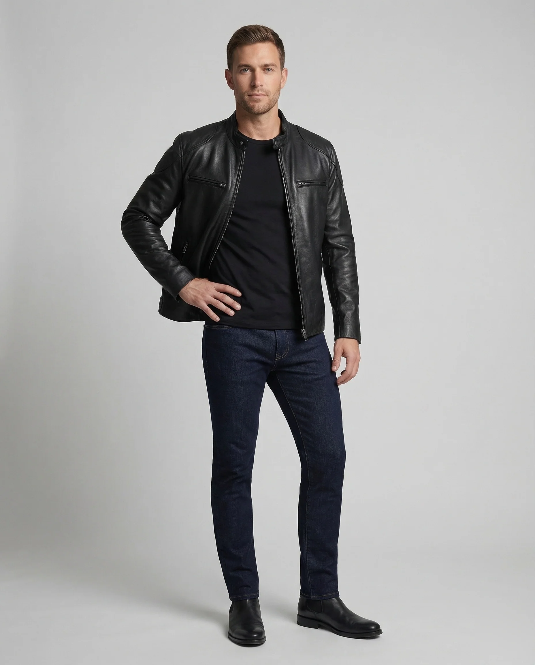 Herren Leder Bikerjacke Echtleder Stehkragen
