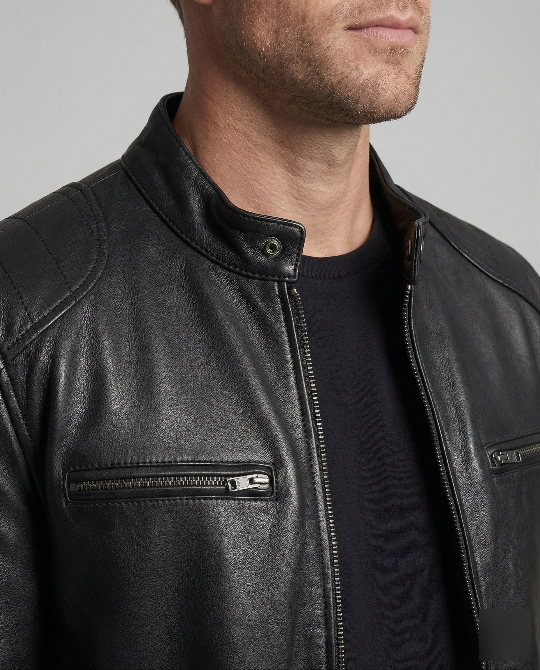 Herren Leder Bikerjacke Echtleder Stehkragen - Image 3