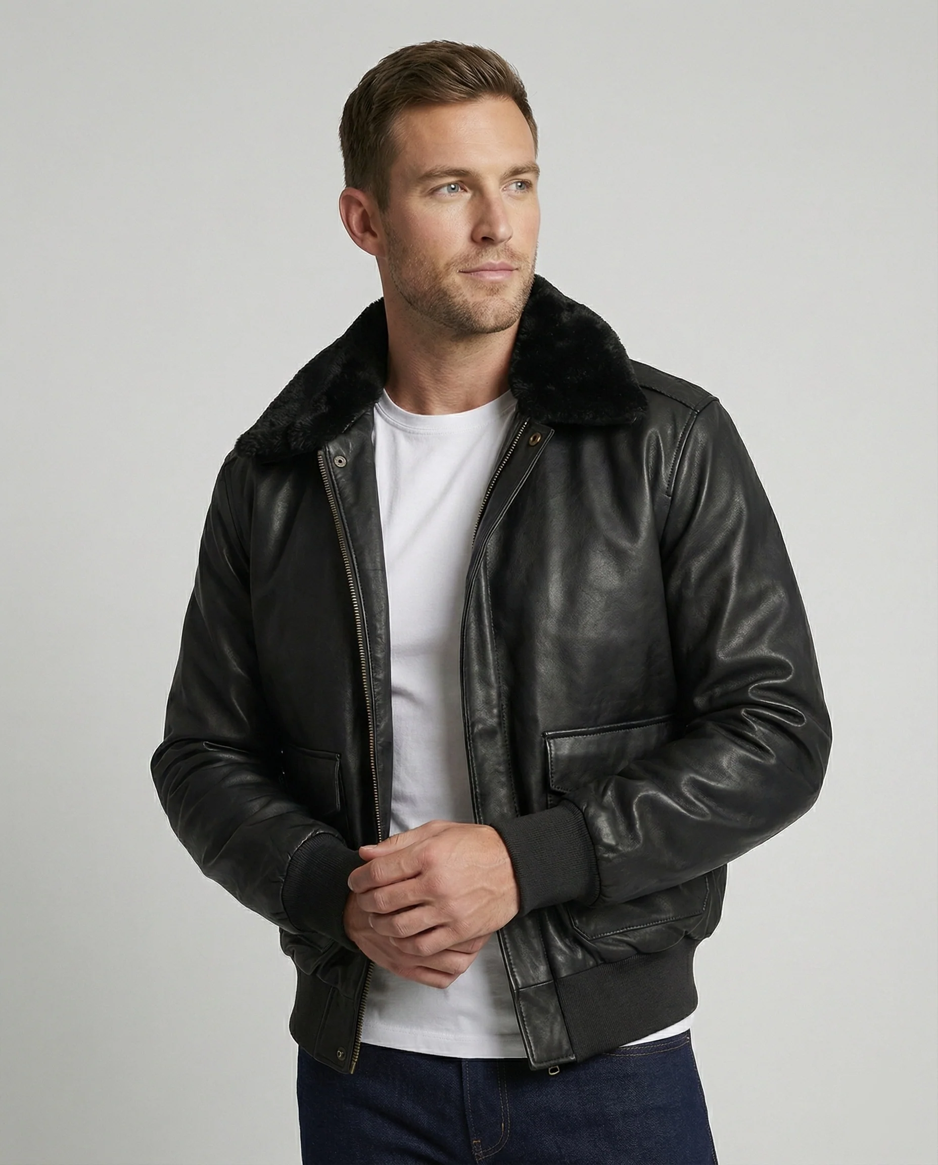 Herren Piloten Lederjacke mit Teddykragen - Image 2