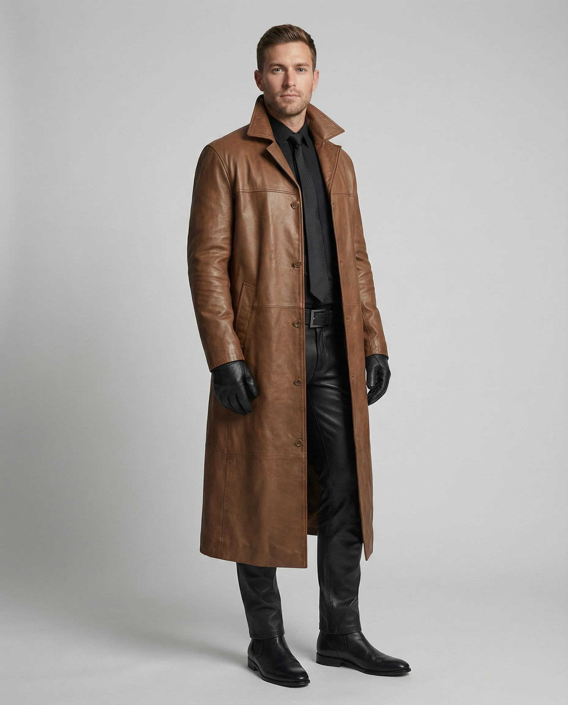 Herren Leder Trenchcoat Mantel - Image 2