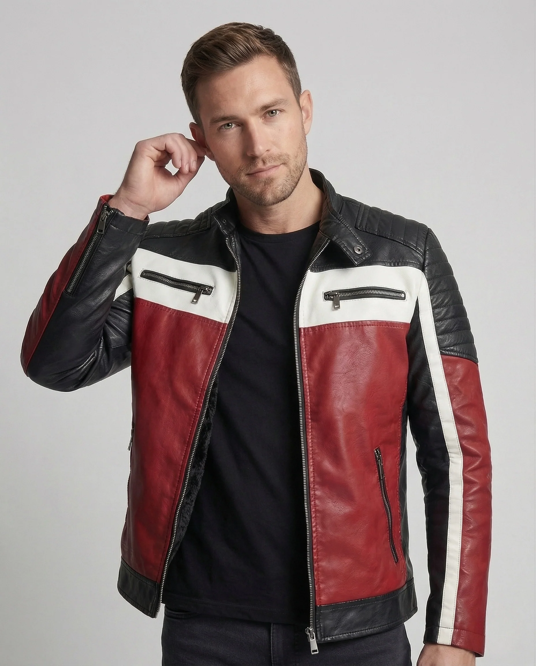 Herren Kunstleder Bikerjacke Teddyfutter - Image 2