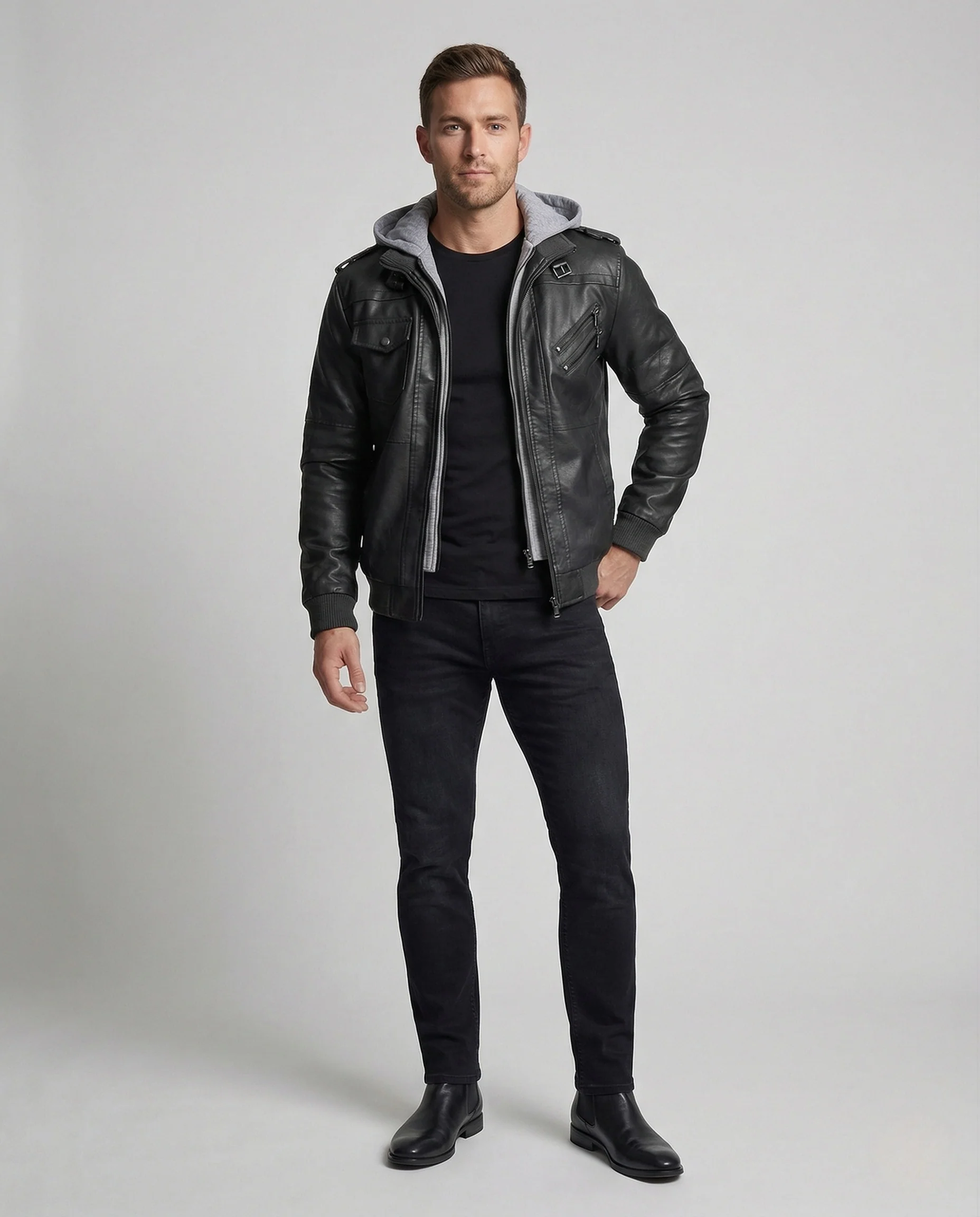 Herren Kunstlederjacke mit Sweatkapuze & Reißverschluss