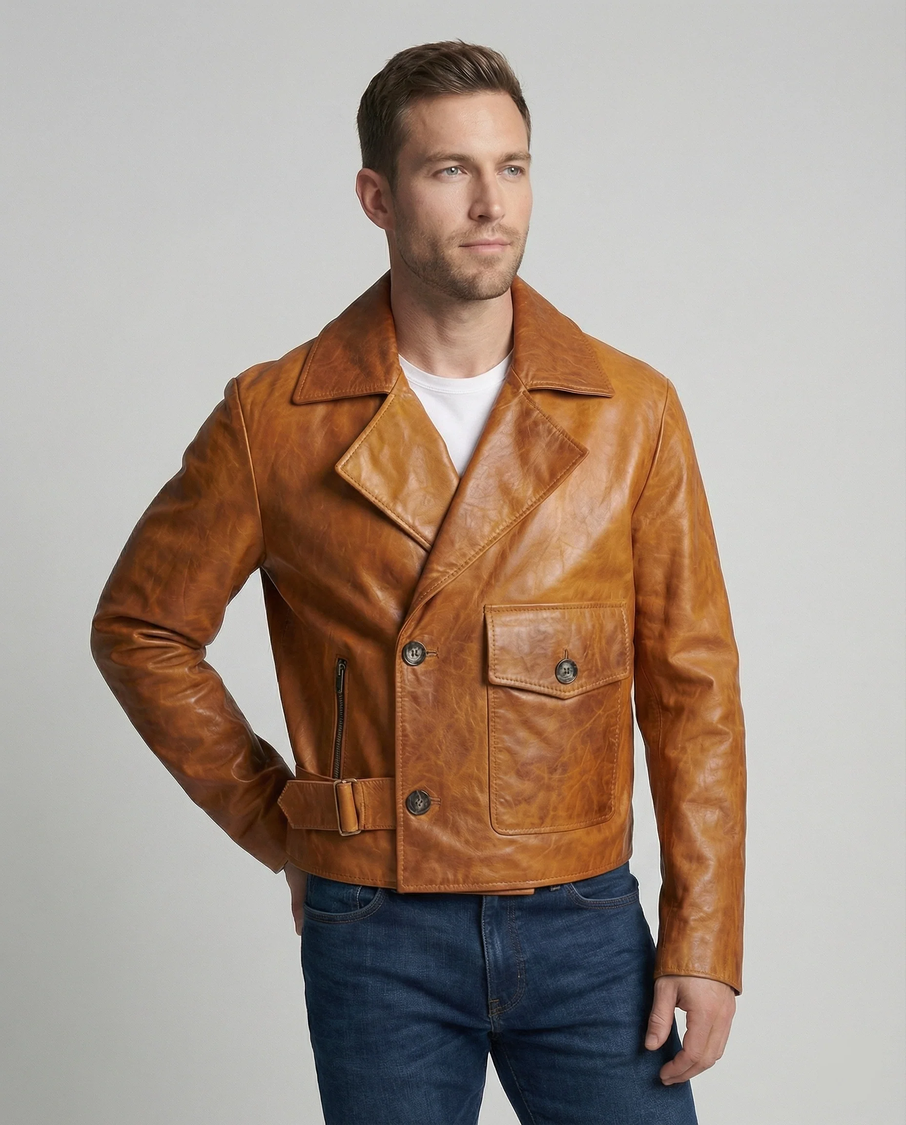 Herren Lederjacke Biker kurz mit Revers - Image 4
