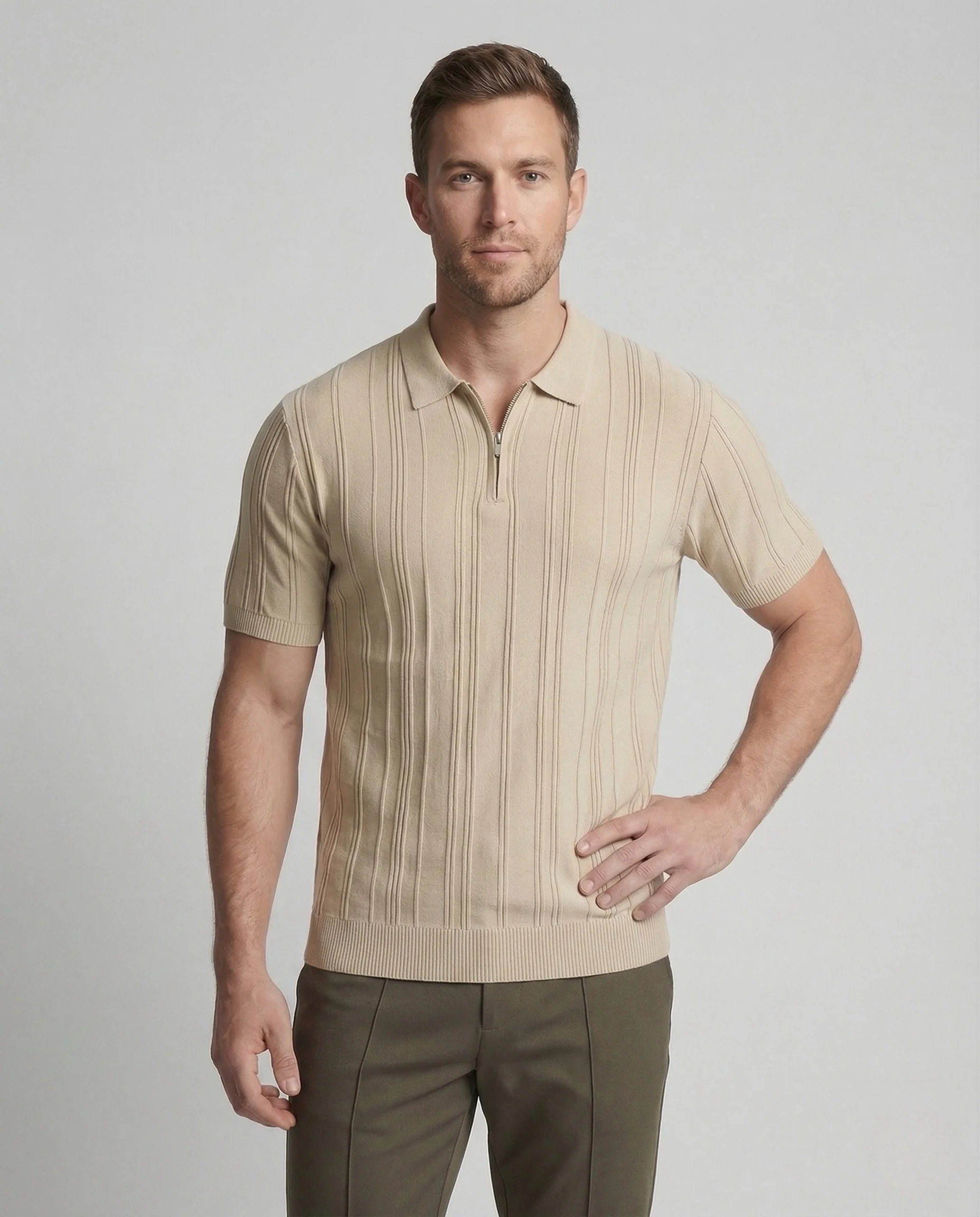 Herren Strick Poloshirt Halbzip mit Reliefstruktur - Image 2