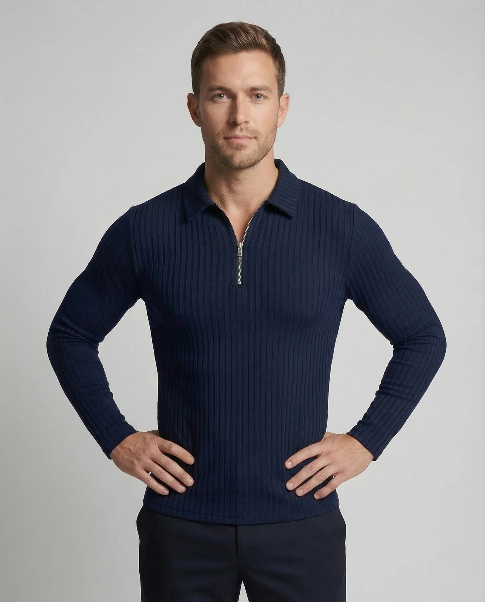Herren Poloshirt Langarm Reißverschluss - Image 2