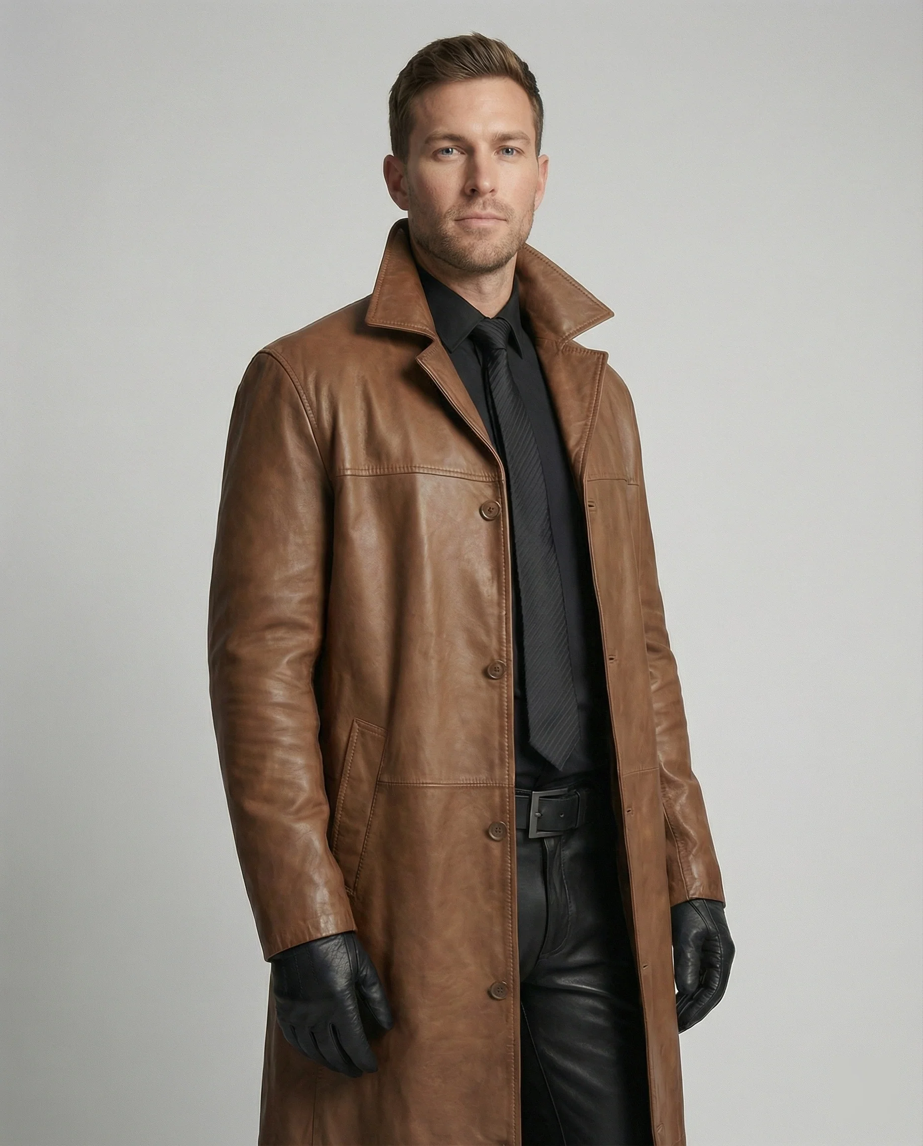 Herren Langer Leder Trenchcoat - Image 8