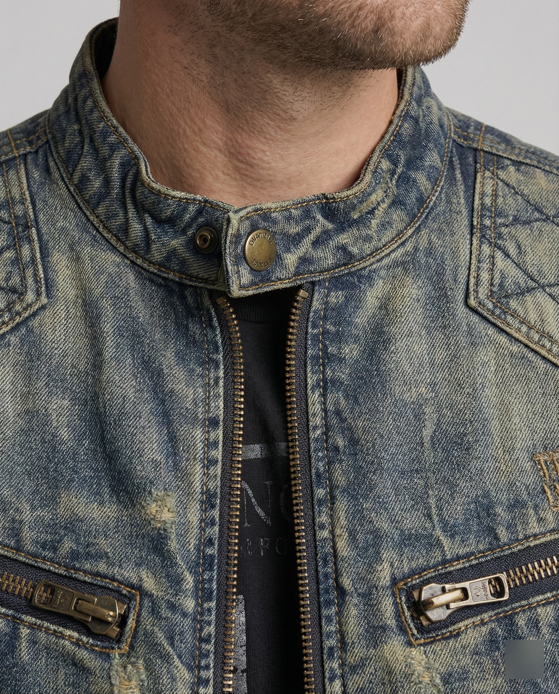 Herren Jeansjacke Biker Stil Stehkragen - Image 3