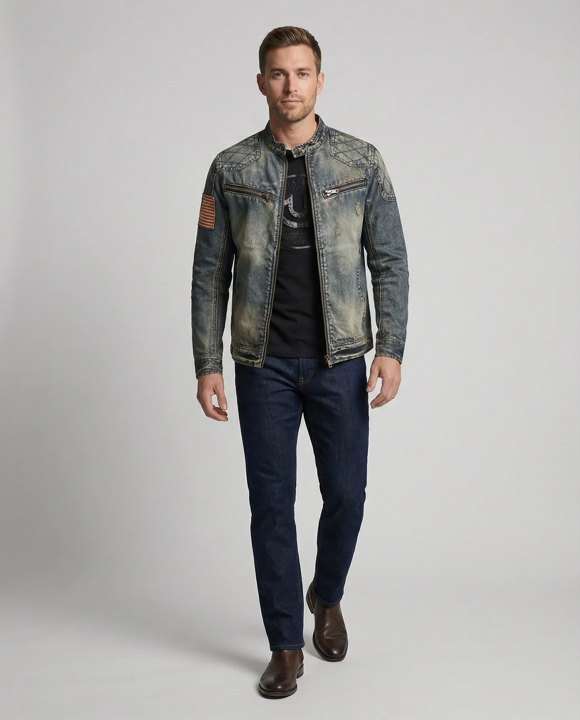 Herren Jeansjacke Biker Stil Stehkragen - Image 4
