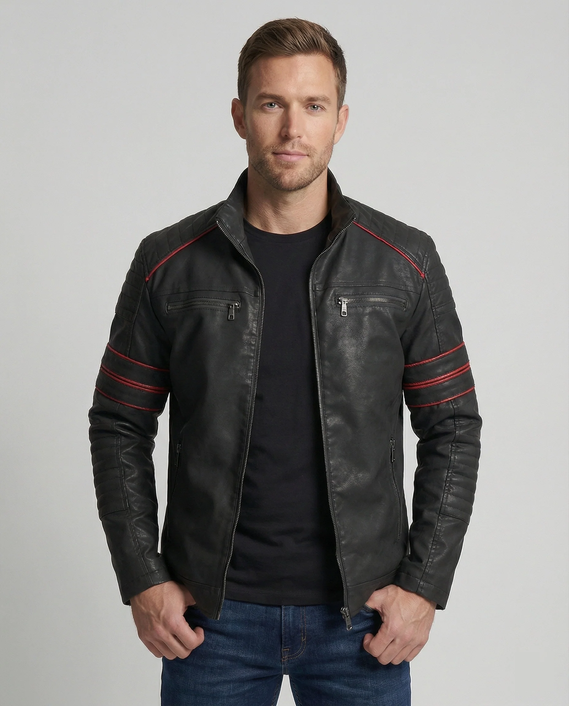 Herren Biker Lederjacke mit Steppung - Image 4