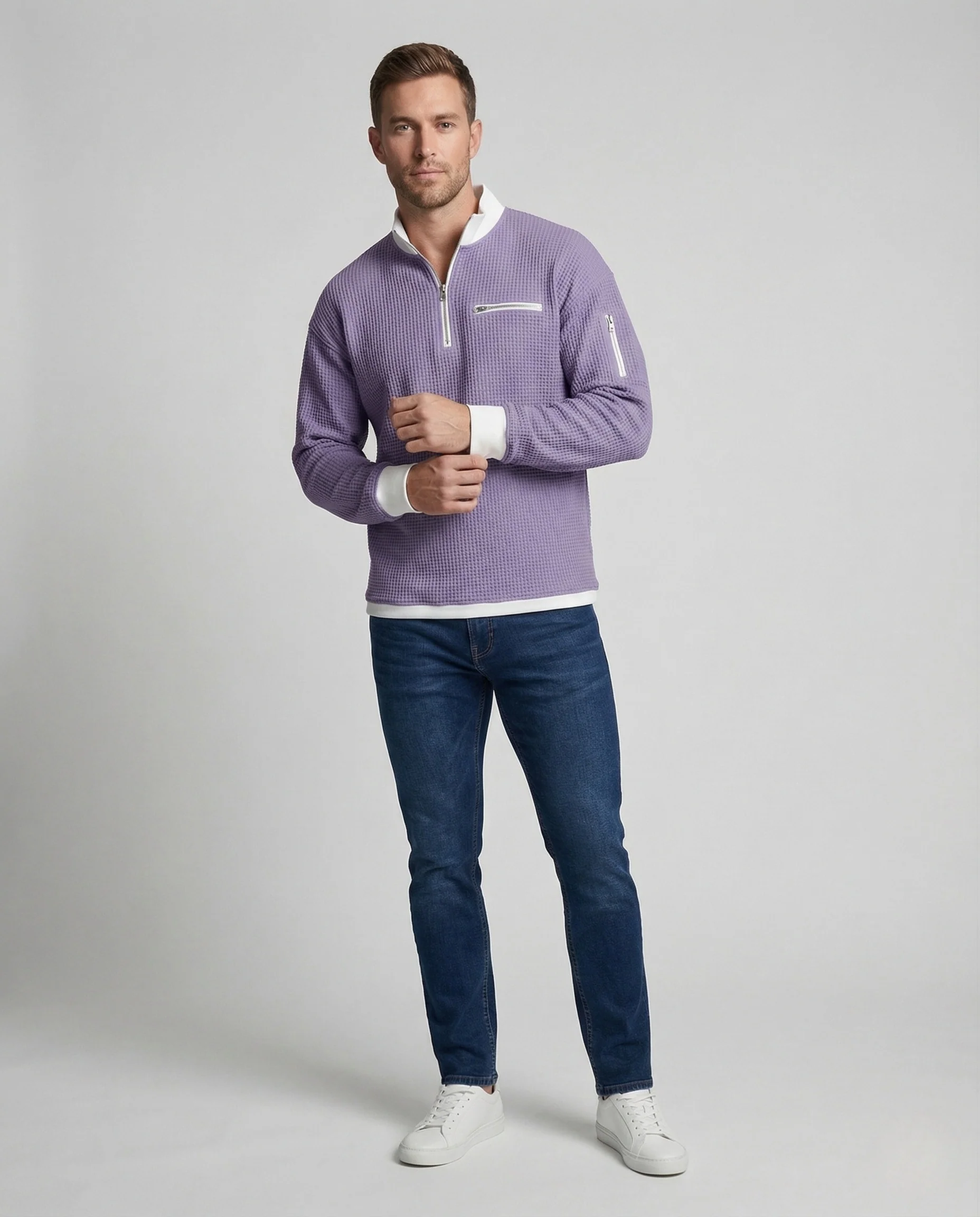 Herren Waffelstrick Sweatshirt Halb Reißverschluss