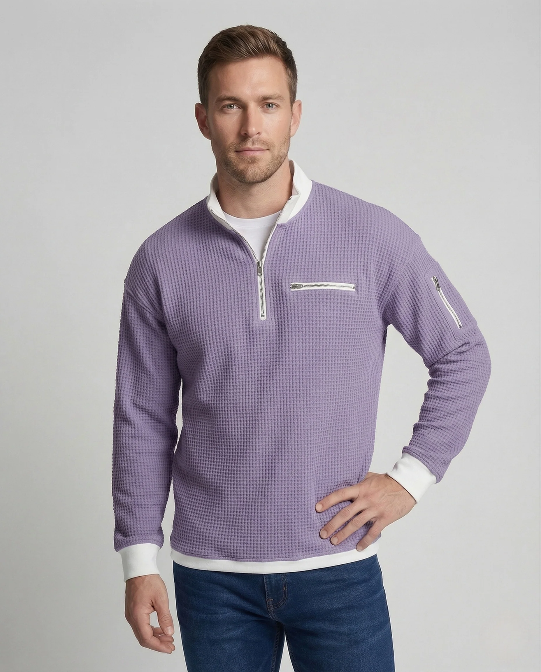 Herren Waffelstrick Sweatshirt Halb Reißverschluss - Image 2