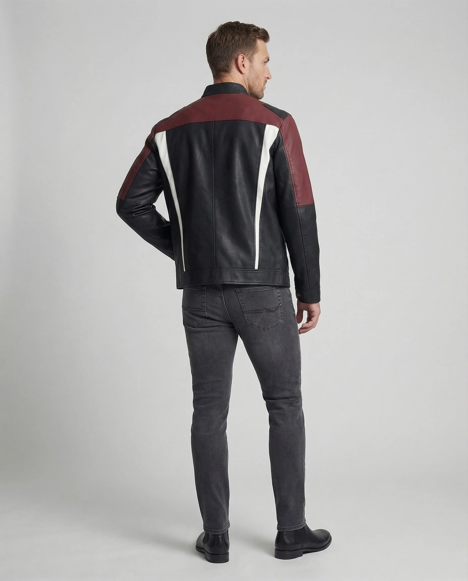 Herren Panel Lederjacke Stehkragen - Image 3