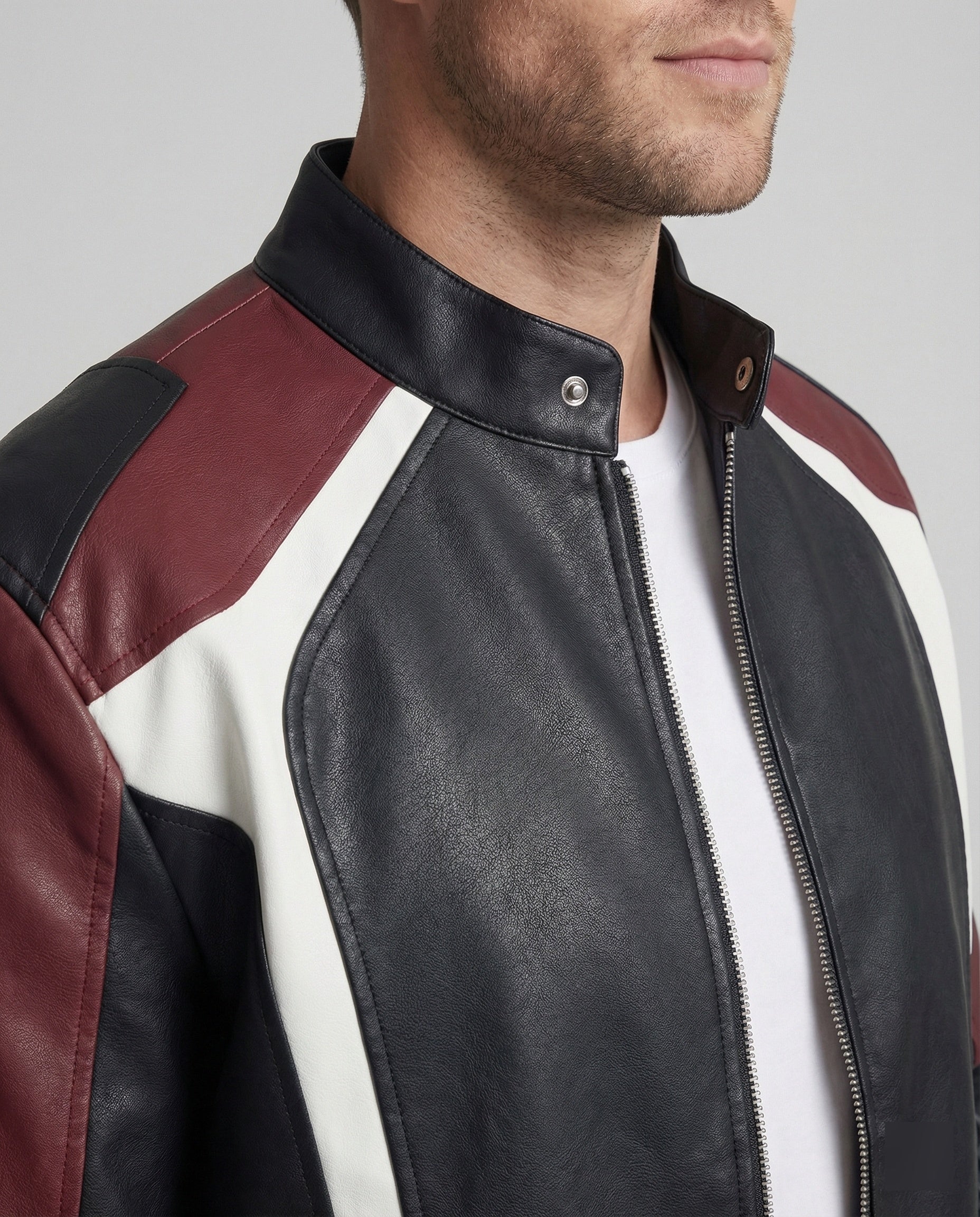 Herren Panel Lederjacke Stehkragen - Image 4