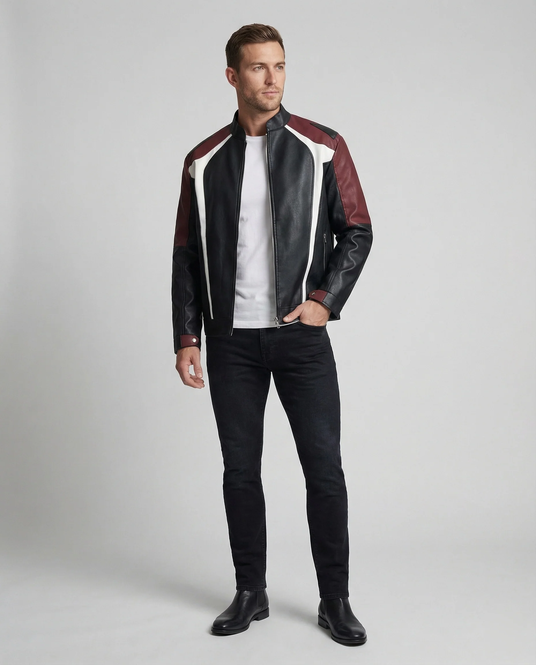 Herren Panel Lederjacke Stehkragen - Image 5