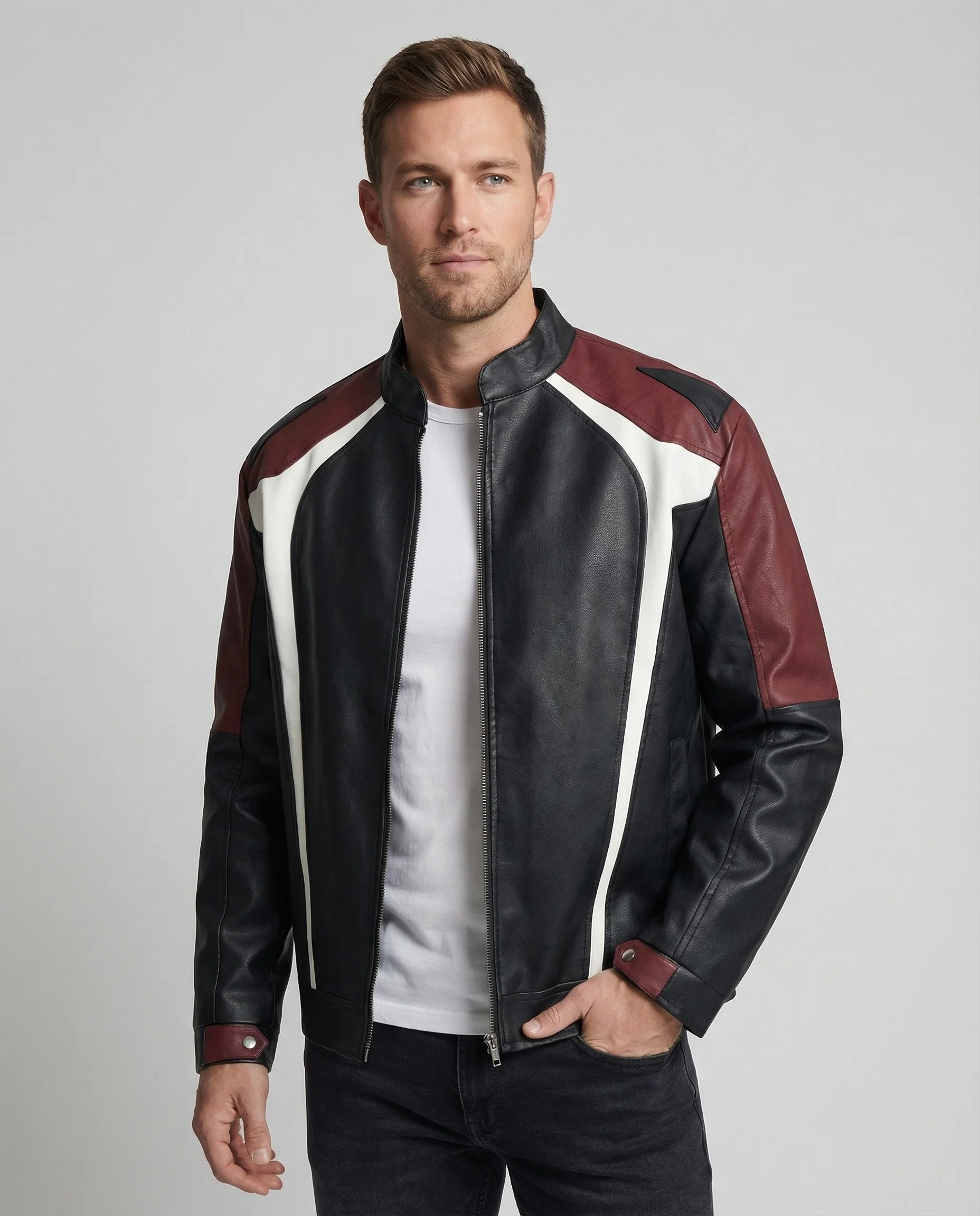 Herren Panel Lederjacke Stehkragen - Image 6