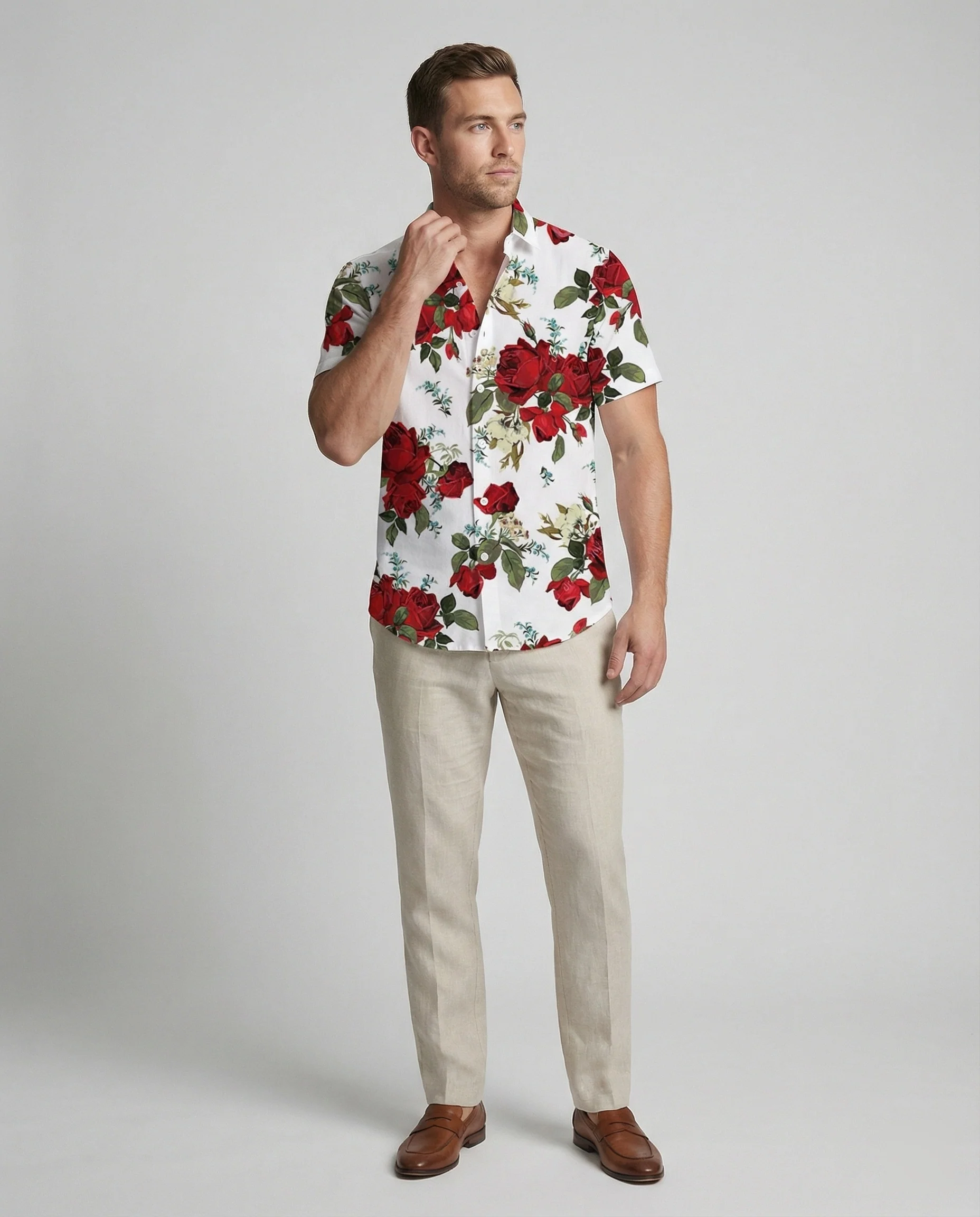 Kurzarmhemd Herren Blumenmuster Leinenoptik - Image 5