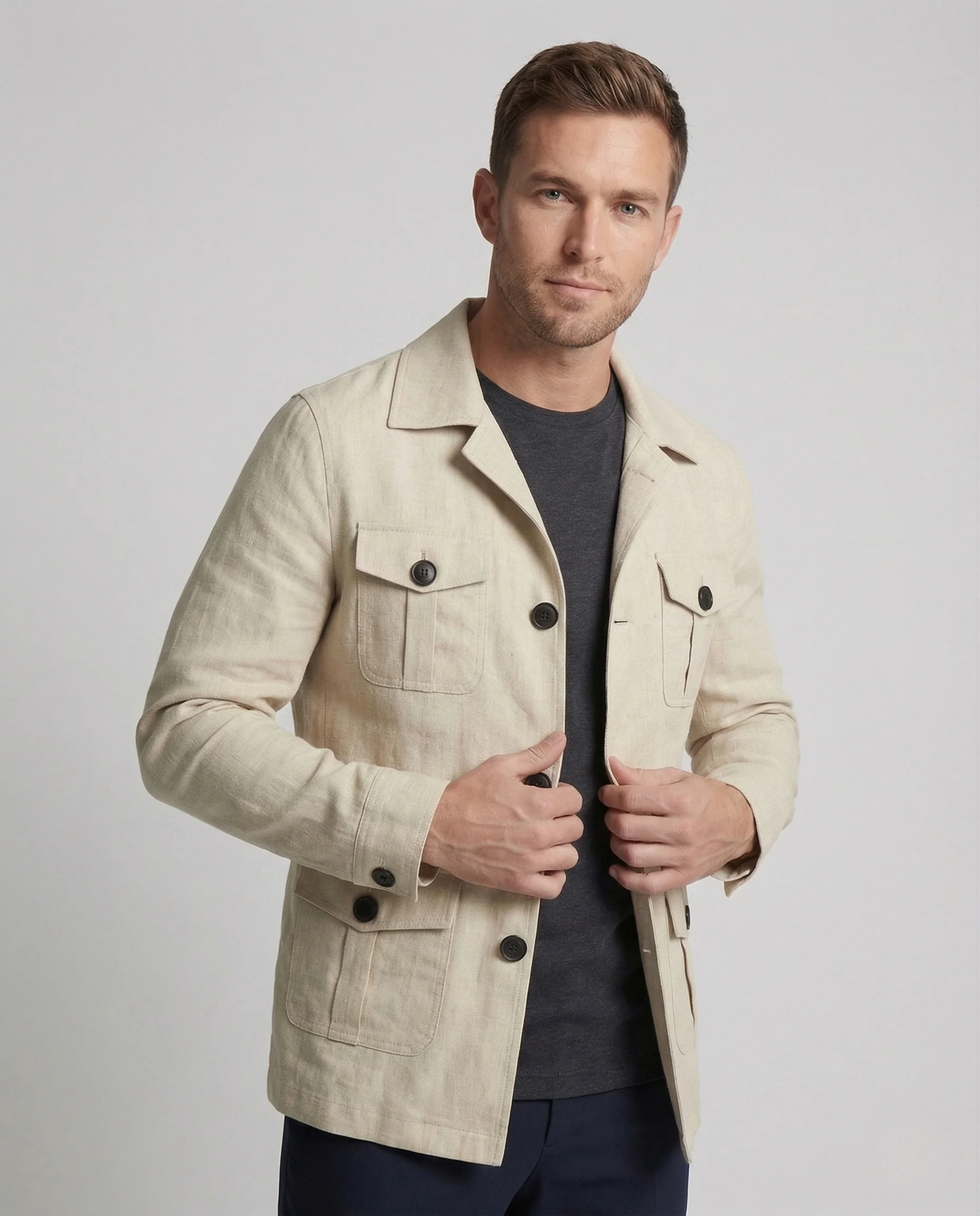 Herren Leinen Safarijacke Leicht mit Vier Pattentaschen - Image 2