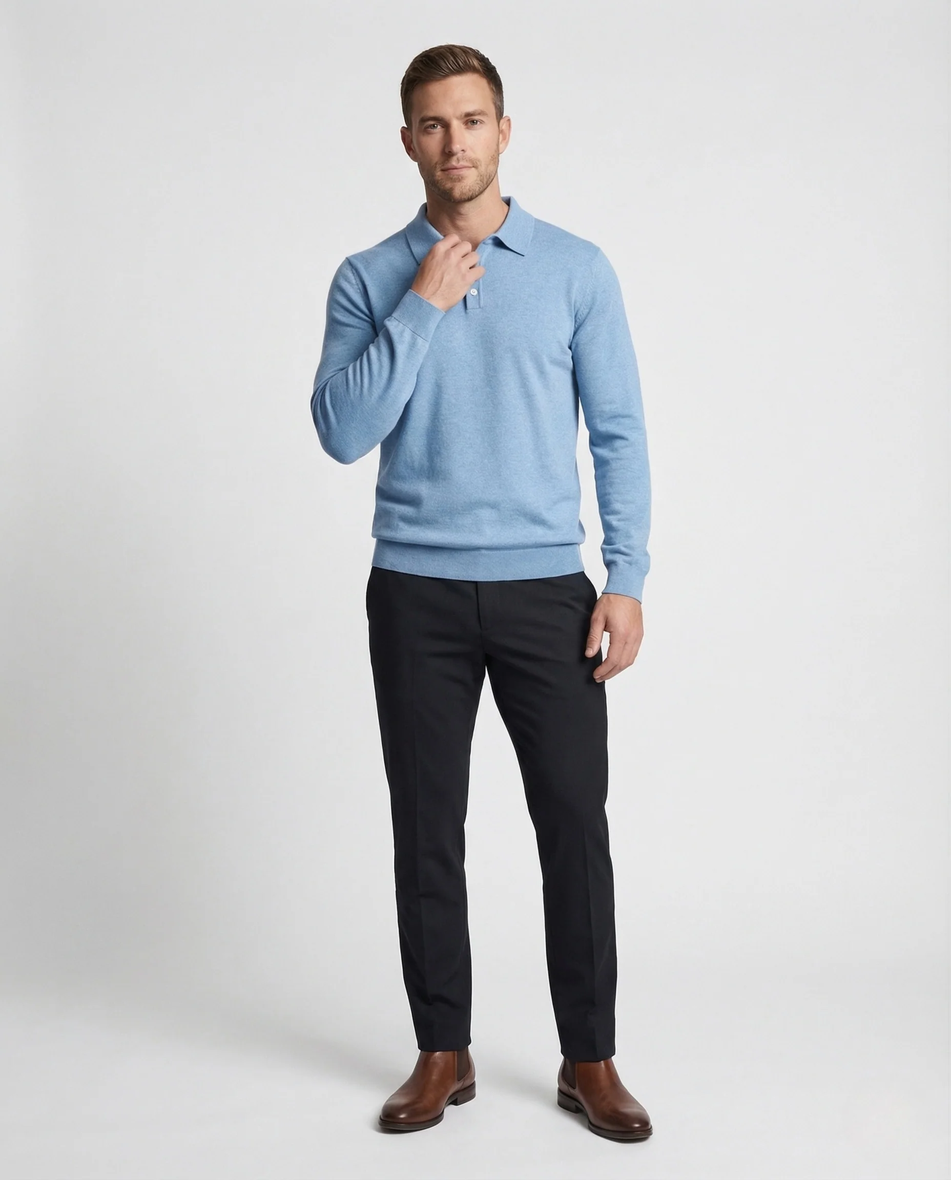 Herren Strick Polo Langarm mit Knopfleiste